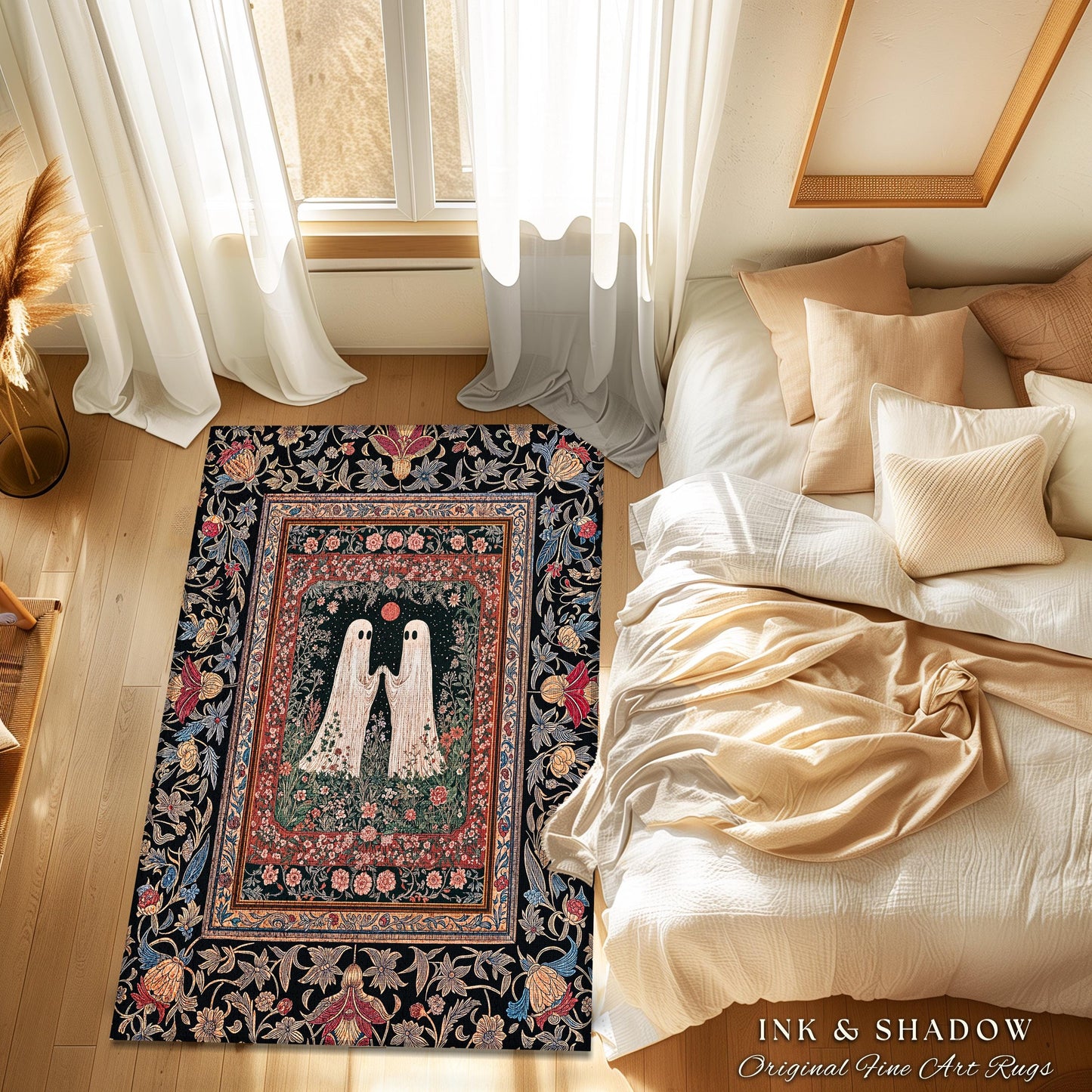 Crimson Moon Witchy Ghost Rug | Gothic Cottagecore Bedroom Decor Spooky Accent Dark Academia Whimsigoth Astrology-Inspired Haunted Aesthetic