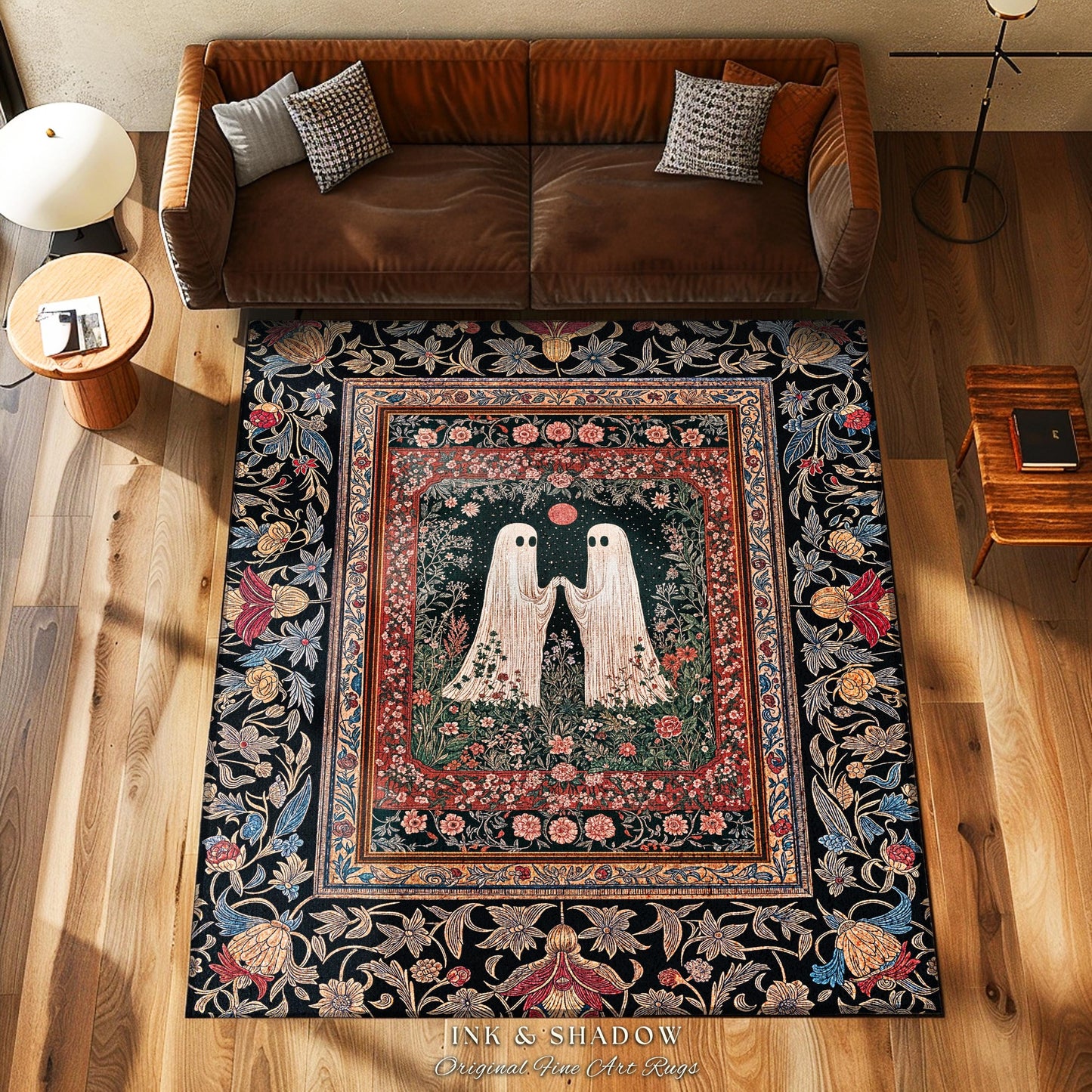 Crimson Moon Witchy Ghost Rug | Gothic Cottagecore Bedroom Decor Spooky Accent Dark Academia Whimsigoth Astrology-Inspired Haunted Aesthetic