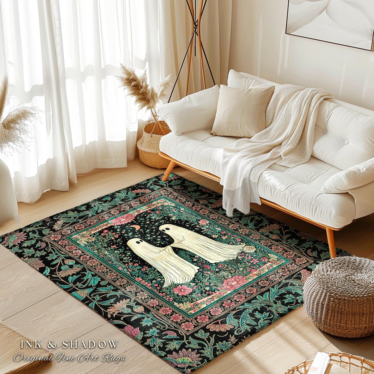 Dreamy Botanical Garden Ghost Rug | Witchy Pastel Cottagecore Bedroom Accent Whimsigoth Decor Cozy Enchanted Celestial Gothic Aesthetic |