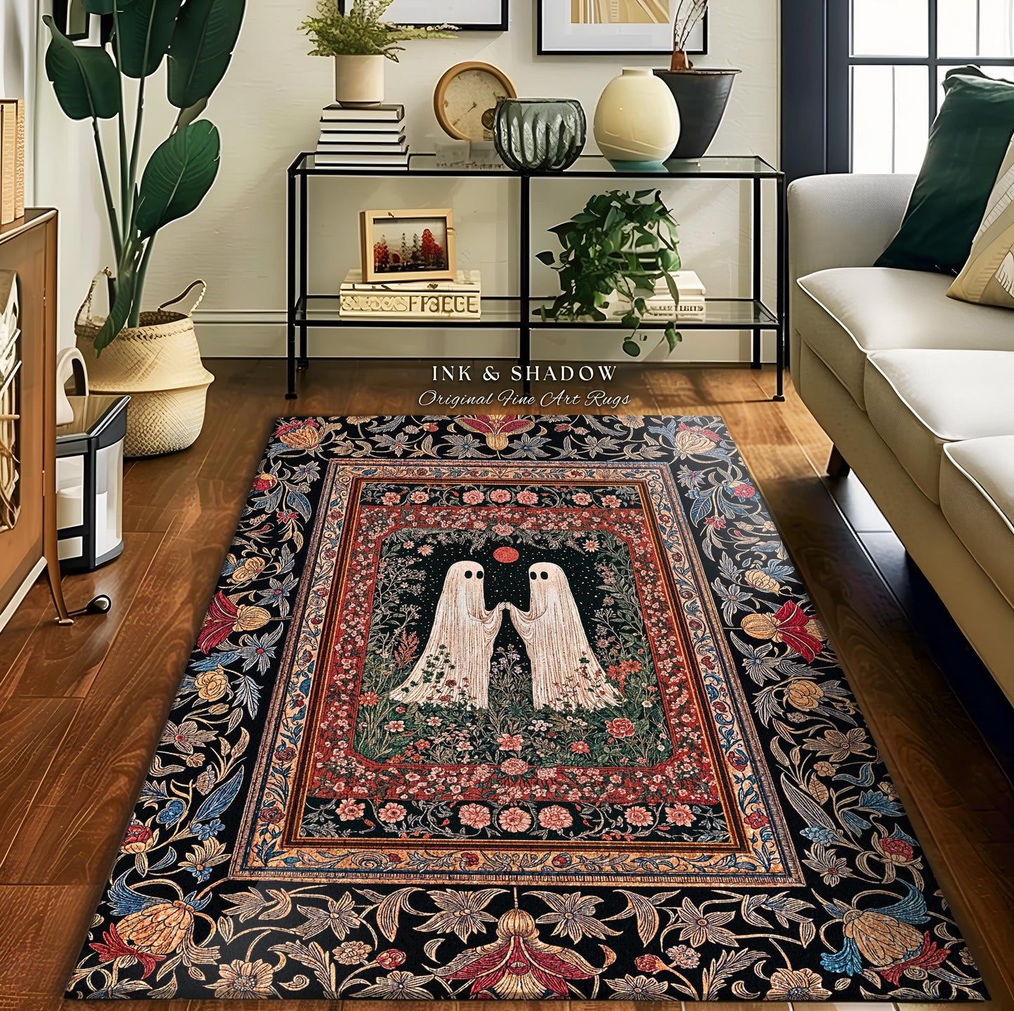 Crimson Moon Witchy Ghost Rug | Gothic Cottagecore Bedroom Decor Spooky Accent Dark Academia Whimsigoth Astrology-Inspired Haunted Aesthetic