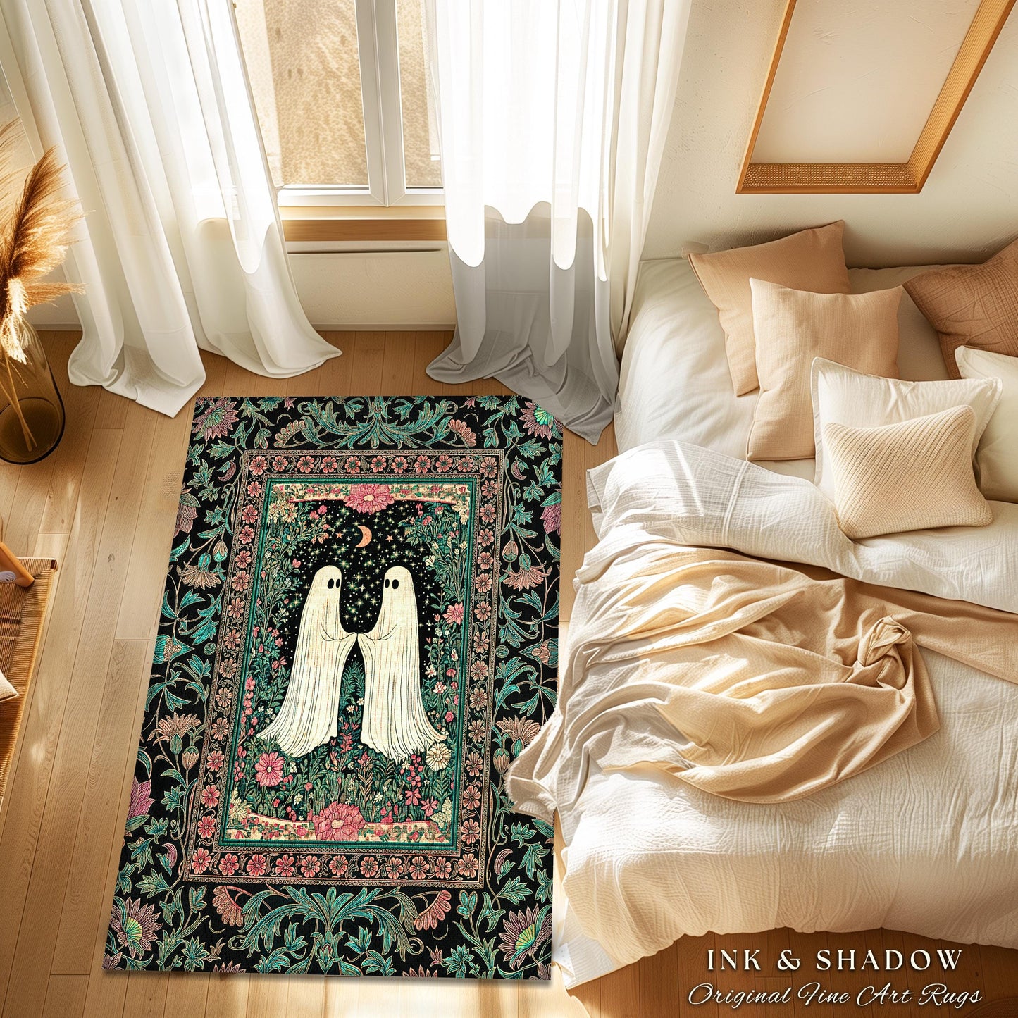 Dreamy Botanical Garden Ghost Rug | Witchy Pastel Cottagecore Bedroom Accent Whimsigoth Decor Cozy Enchanted Celestial Gothic Aesthetic |