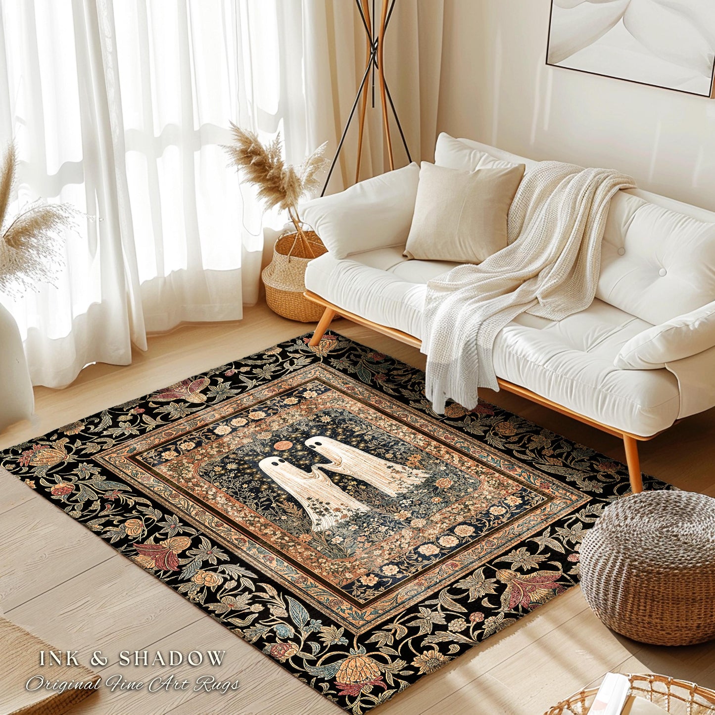 Harvest Moon Floral Ghost Rug | Woodland Halloween Cottagecore Bedroom Decor Whimsigoth Floral Accent Cozy Celestial Spirit Enchanted Gothic