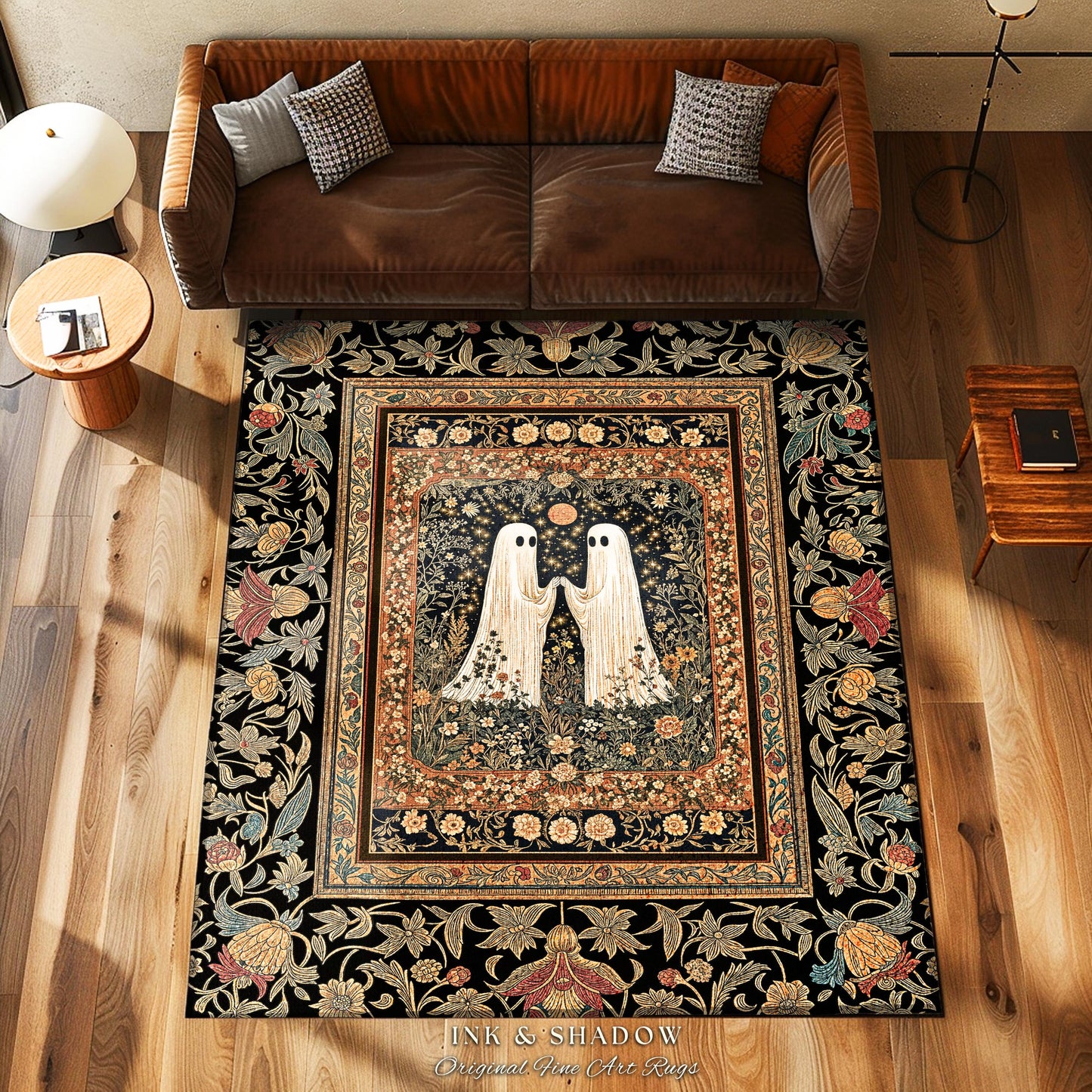 Harvest Moon Floral Ghost Rug | Woodland Halloween Cottagecore Bedroom Decor Whimsigoth Floral Accent Cozy Celestial Spirit Enchanted Gothic