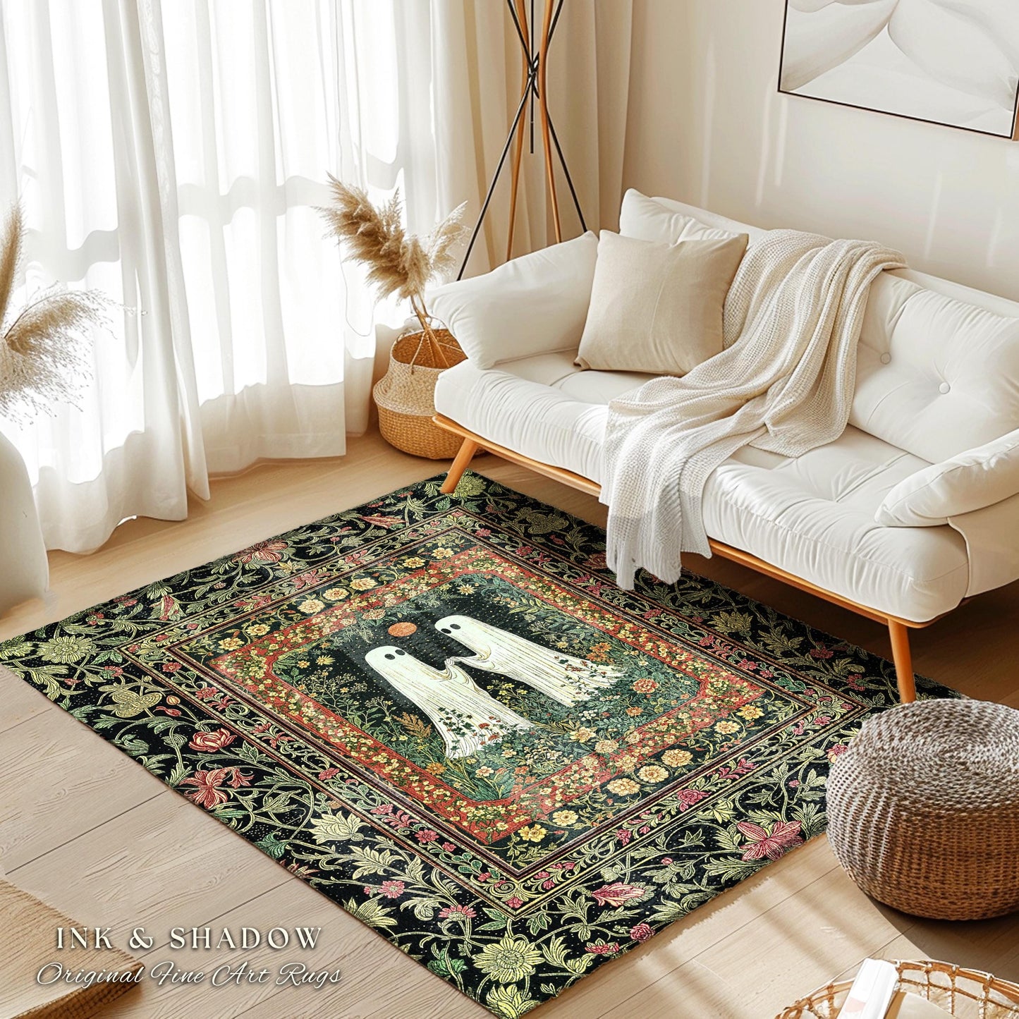 Baroque Haunted Garden Ghost Rug | Elegant Halloween Dark Cottagecore Bedroom Accent Whimsigoth Haunted Cozy Spirit Floral Enchantment Boho
