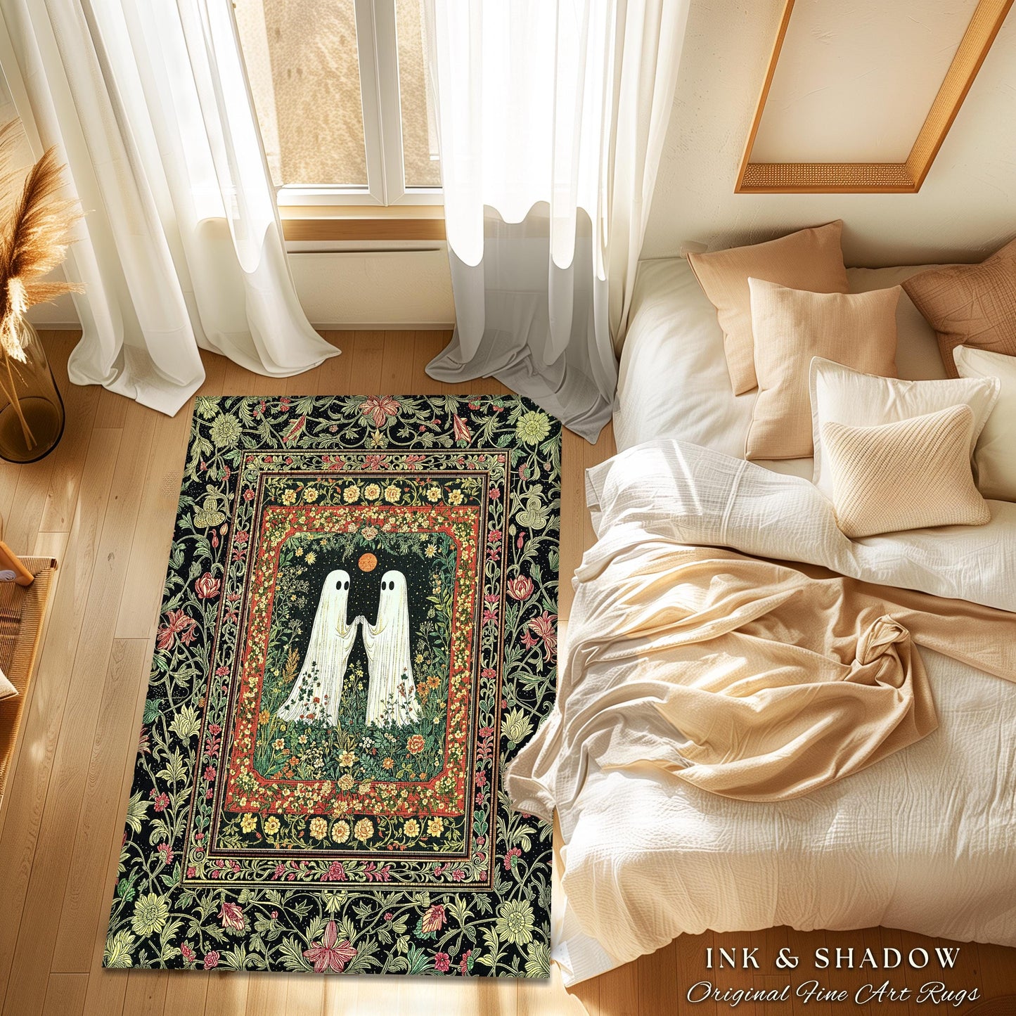Baroque Haunted Garden Ghost Rug | Elegant Halloween Dark Cottagecore Bedroom Accent Whimsigoth Haunted Cozy Spirit Floral Enchantment Boho