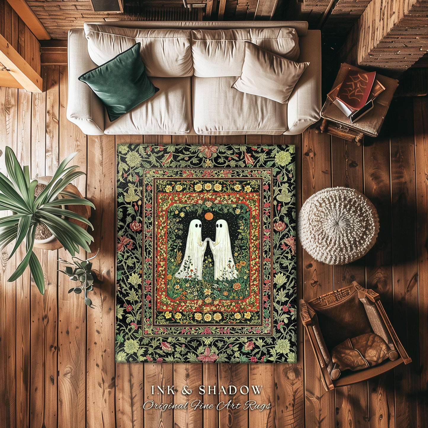 Baroque Haunted Garden Ghost Rug | Elegant Halloween Dark Cottagecore Bedroom Accent Whimsigoth Haunted Cozy Spirit Floral Enchantment Boho
