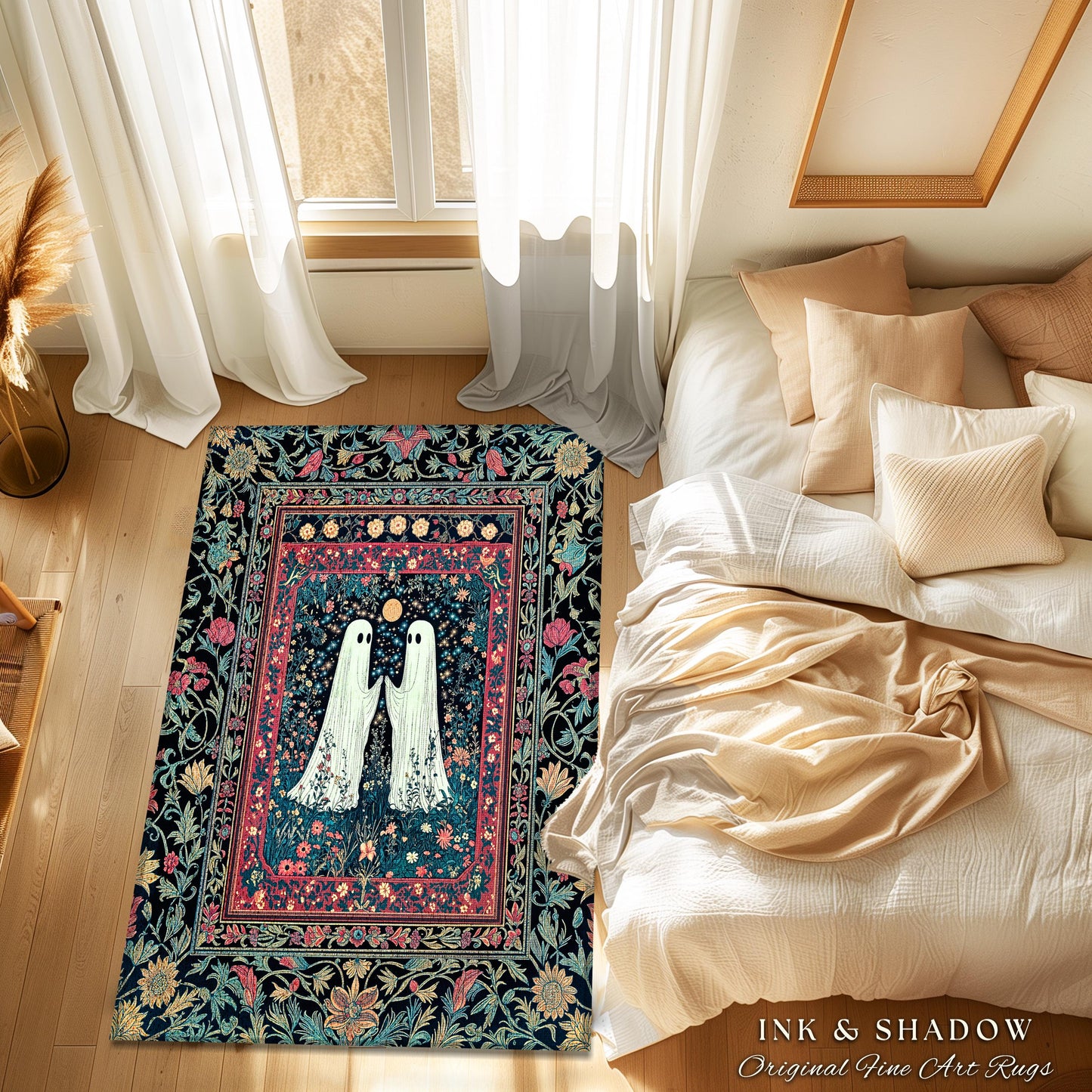Maximalist Gothic Ghost Area Rug | Moody Whimsigoth Bedroom Decor Cozy Halloween Accent Celestial Floral Gothic Haunted Spirit Enchanted Rug