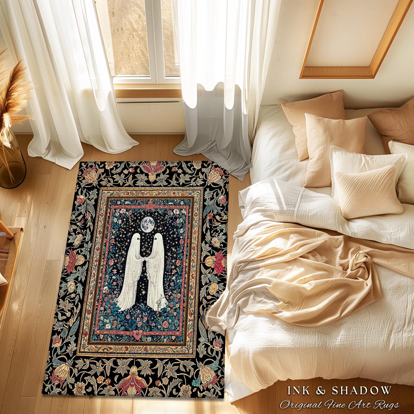 Haunted Rose Garden Area Rug | Folklore Aesthetic Ghost Couple Cottagecore Bedroom Accent Celestial Decor Whimsigoth Cozy Enchanted Home