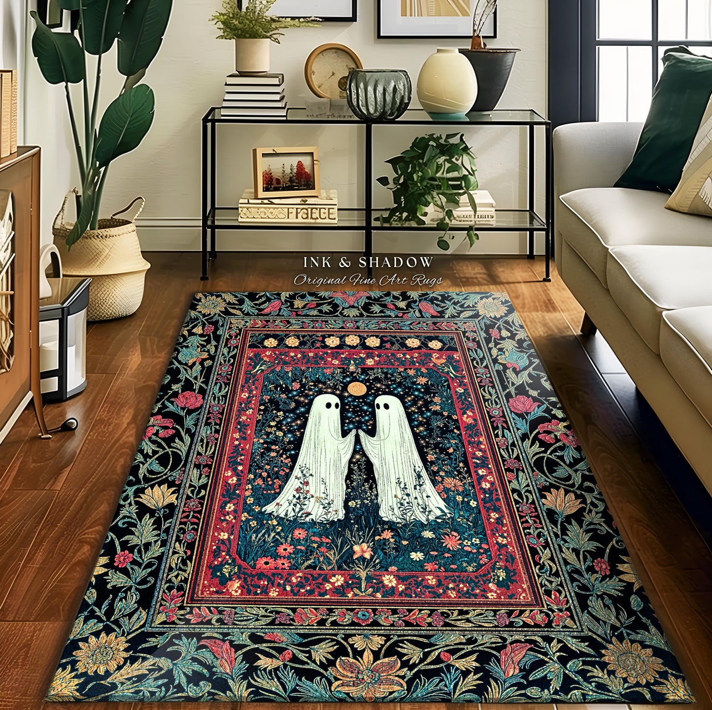 Maximalist Gothic Ghost Area Rug | Moody Whimsigoth Bedroom Decor Cozy Halloween Accent Celestial Floral Gothic Haunted Spirit Enchanted Rug