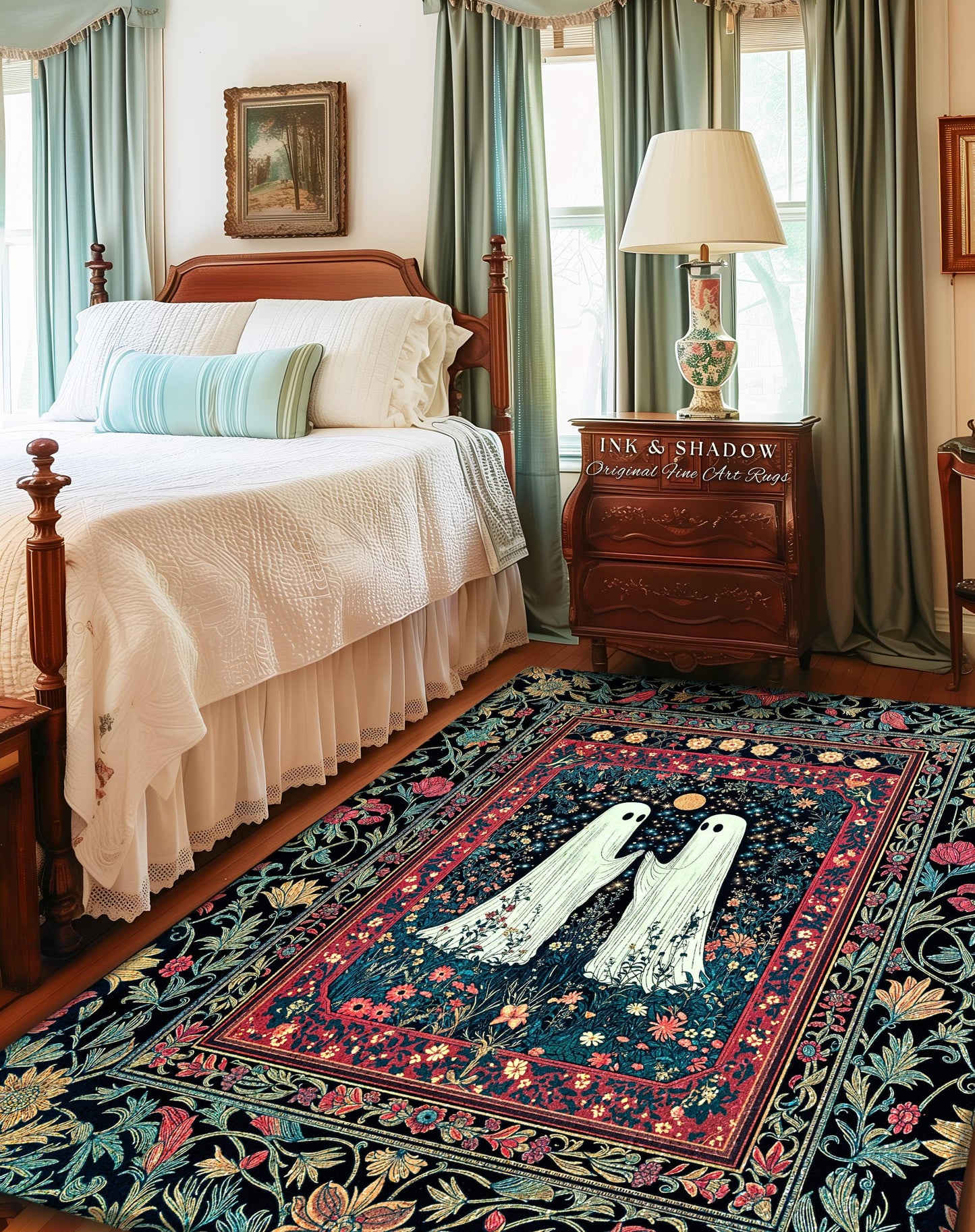 Maximalist Gothic Ghost Area Rug | Moody Whimsigoth Bedroom Decor Cozy Halloween Accent Celestial Floral Gothic Haunted Spirit Enchanted Rug