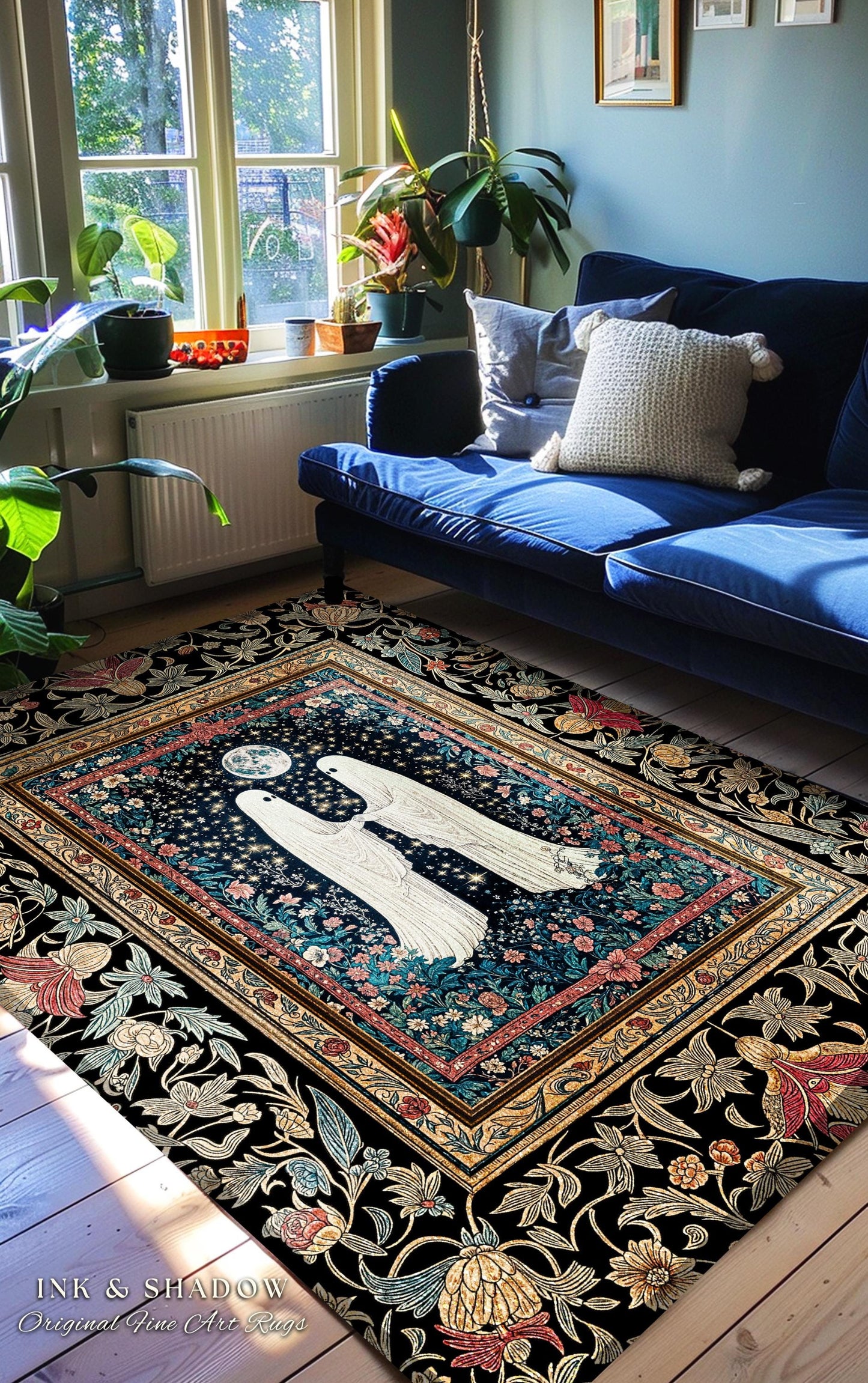 Haunted Rose Garden Area Rug | Folklore Aesthetic Ghost Couple Cottagecore Bedroom Accent Celestial Decor Whimsigoth Cozy Enchanted Home