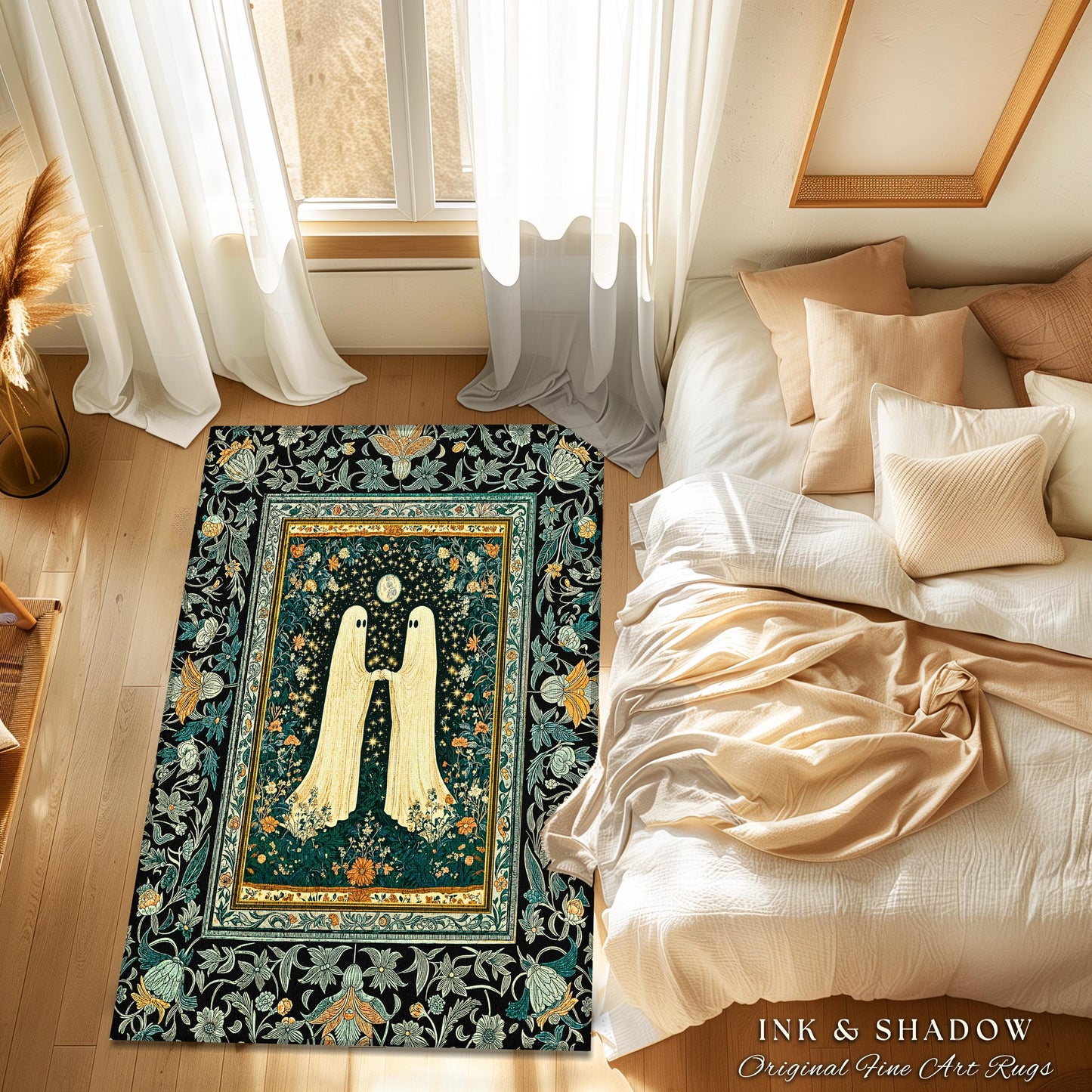 Autumn Aesthetic Cute Ghost Rug | Whimsical Scandinavian Halloween Decor Dark Cottagecore Haunted Home Accent Celestial Enchanted Style |