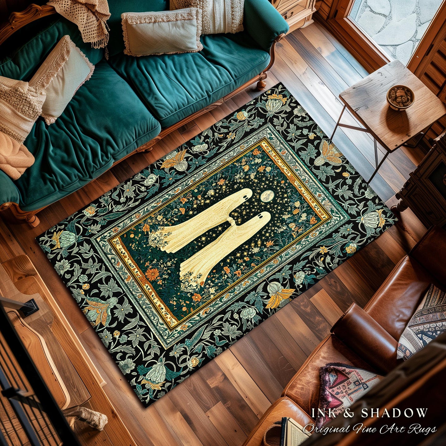 Autumn Aesthetic Cute Ghost Rug | Whimsical Scandinavian Halloween Decor Dark Cottagecore Haunted Home Accent Celestial Enchanted Style |