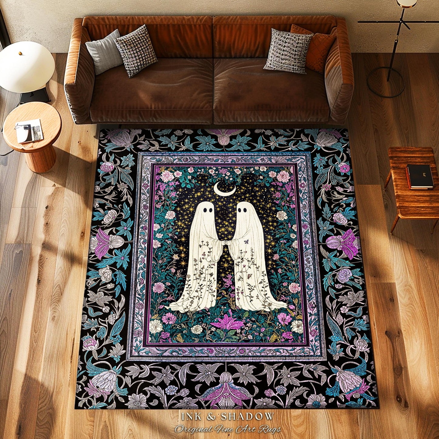 Dark Moody Floral Ghost Area Rug | Whimsigoth Witchy Halloween Bedroom Decor Celestial Cottagecore Spirit Haunted Accent Dark Academia Style