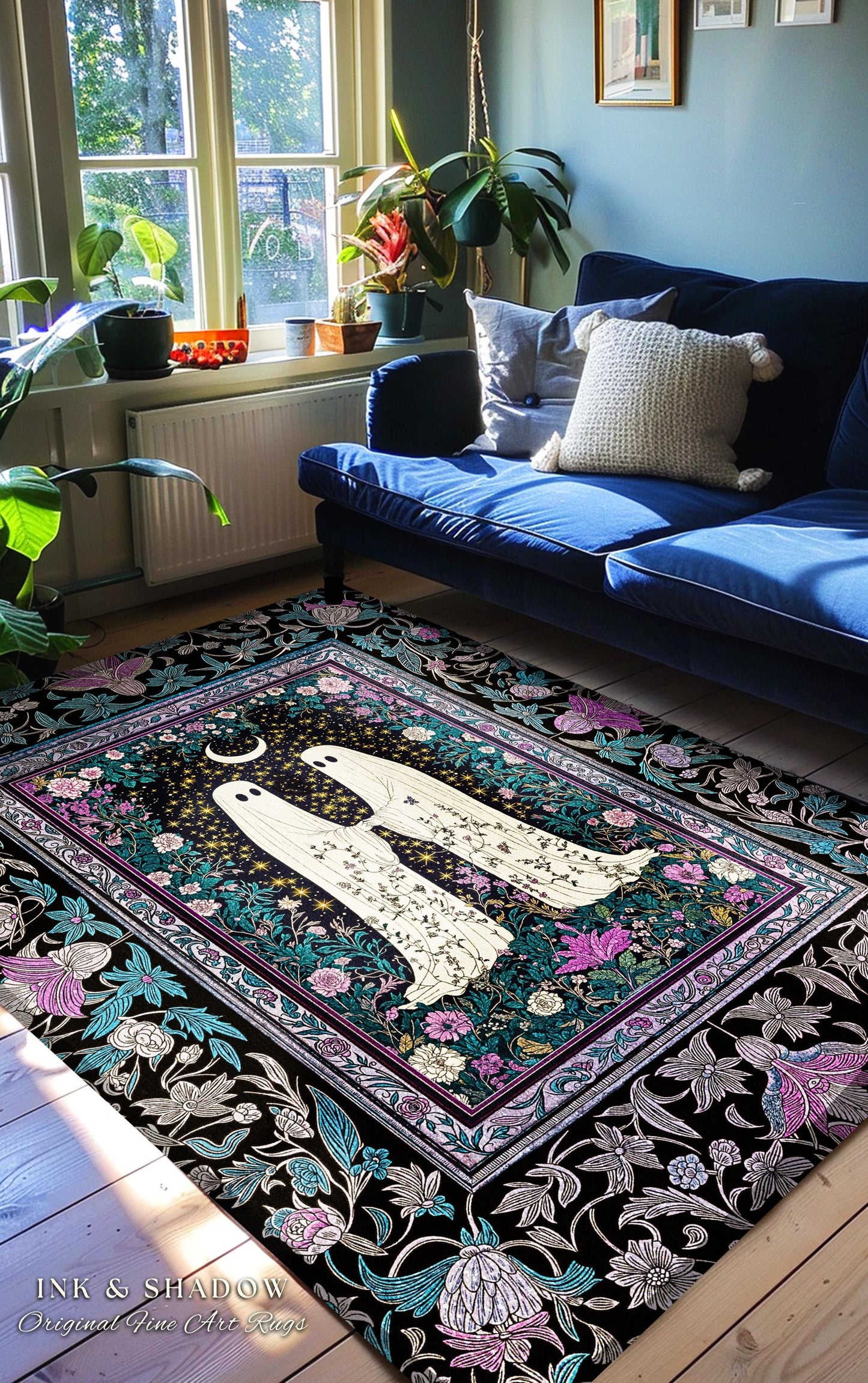 Dark Moody Floral Ghost Area Rug | Whimsigoth Witchy Halloween Bedroom Decor Celestial Cottagecore Spirit Haunted Accent Dark Academia Style