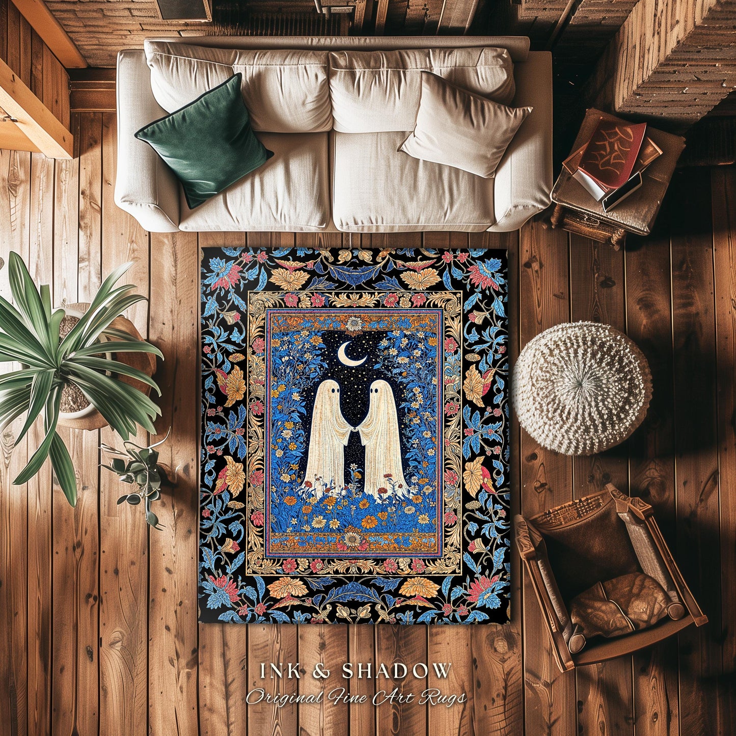 Dreamy Floral Spirits Area Rug | Moody Celestial Cottagecore Bedroom Accent Floral Halloween Ghost Decor Whimsigoth Ornate Gothic Enchanted