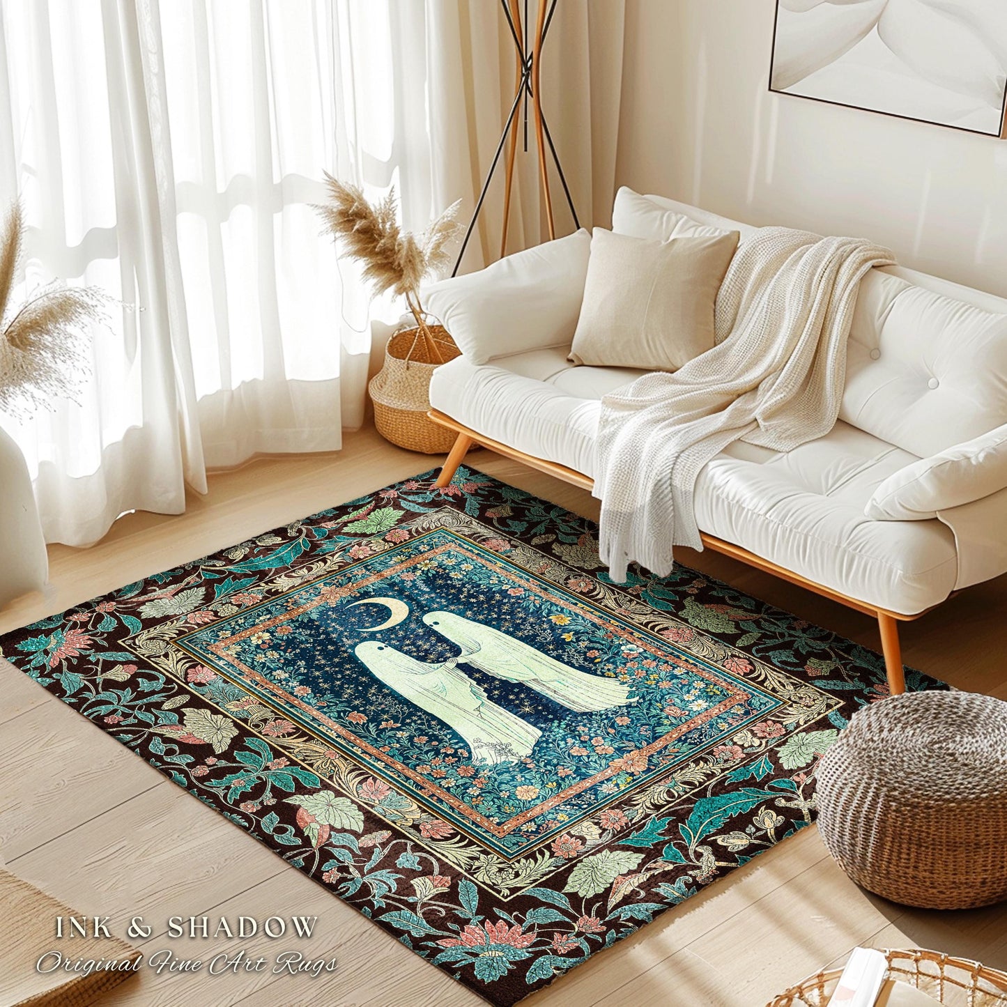 Secret Garden Ghost Lovers Rug | Cozy Cottagecore Bedroom Accent Floral Halloween Decor Celestial Whimsigoth Gothic Enchanted Moody Home |