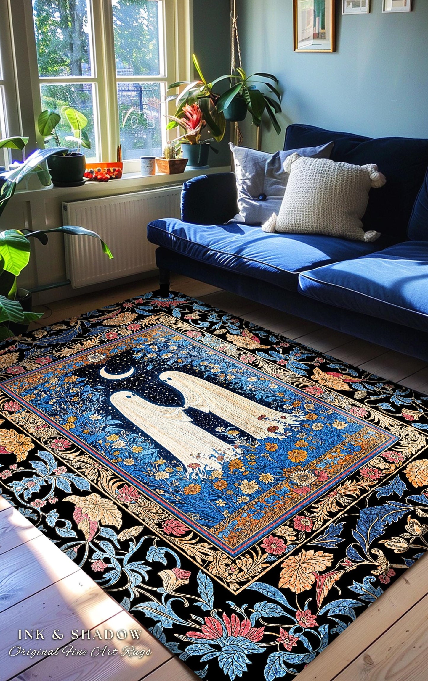 Dreamy Floral Spirits Area Rug | Moody Celestial Cottagecore Bedroom Accent Floral Halloween Ghost Decor Whimsigoth Ornate Gothic Enchanted