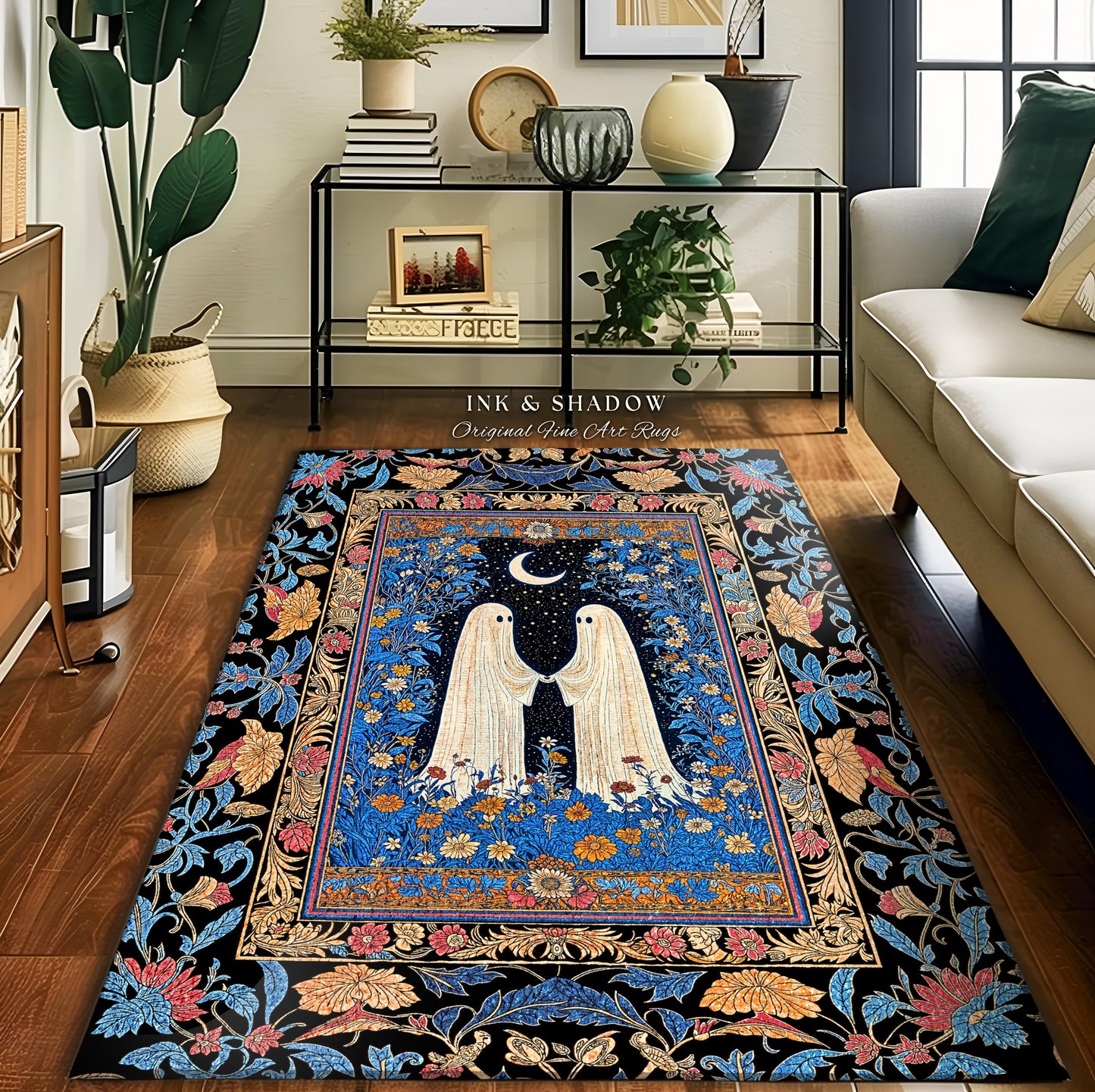 Dreamy Floral Spirits Area Rug | Moody Celestial Cottagecore Bedroom Accent Floral Halloween Ghost Decor Whimsigoth Ornate Gothic Enchanted