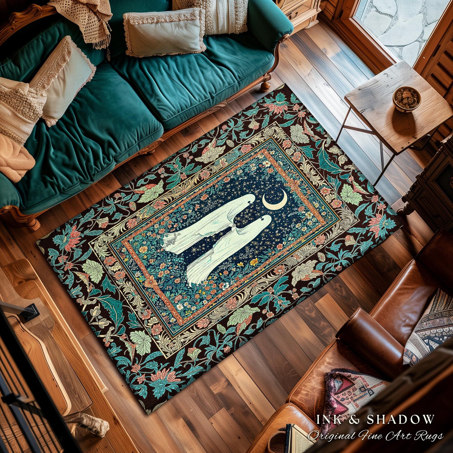 Secret Garden Ghost Lovers Rug | Cozy Cottagecore Bedroom Accent Floral Halloween Decor Celestial Whimsigoth Gothic Enchanted Moody Home |