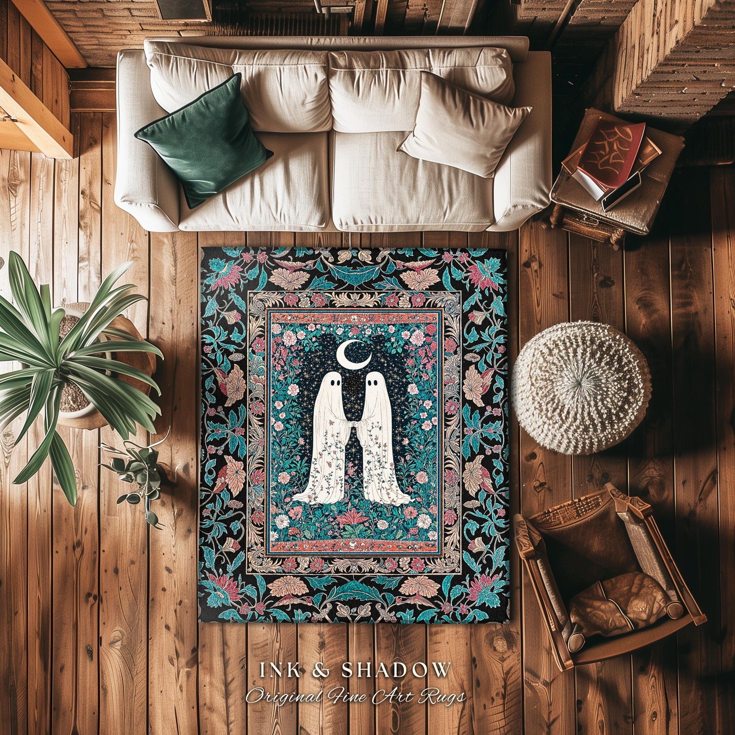 Jewel Toned Botanical Ghost Rug | Dark Cottagecore Halloween Bedroom Decor Celestial Accent Whimsigoth Spirit Gothic Starry Cozy Aesthetic |