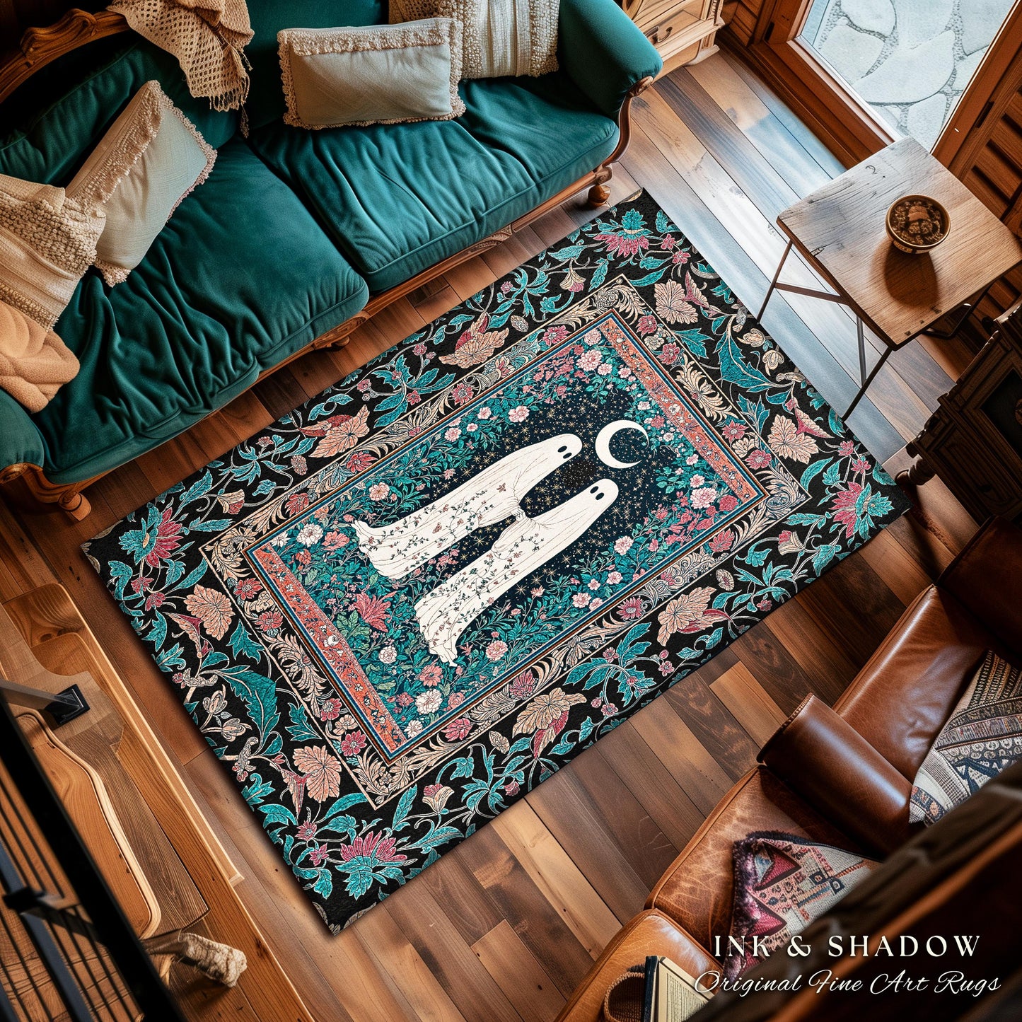 Jewel Toned Botanical Ghost Rug | Dark Cottagecore Halloween Bedroom Decor Celestial Accent Whimsigoth Spirit Gothic Starry Cozy Aesthetic |