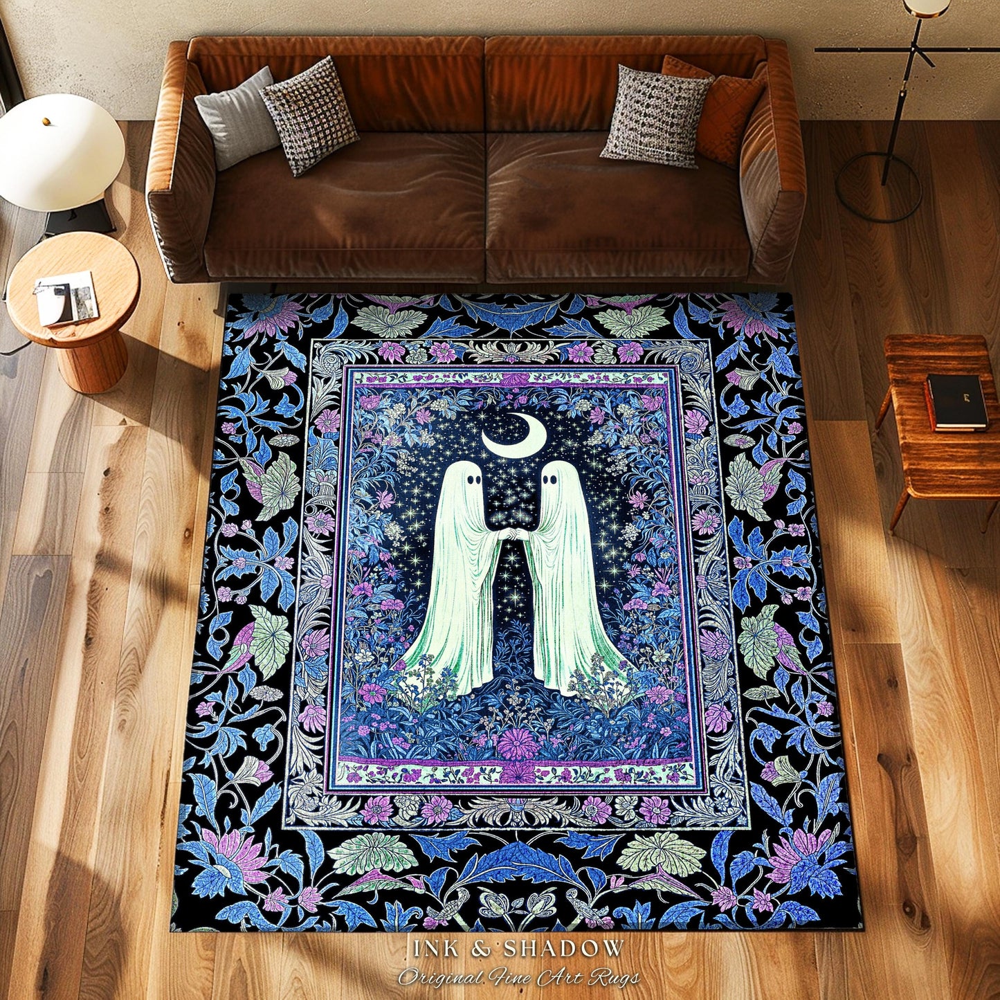 Indigo Lavender Ghost Accent Rug | Cottagecore Celestial Bedroom Decor Whimsigoth Spirits Cozy Retro Halloween Enchanted Night Gothic Style