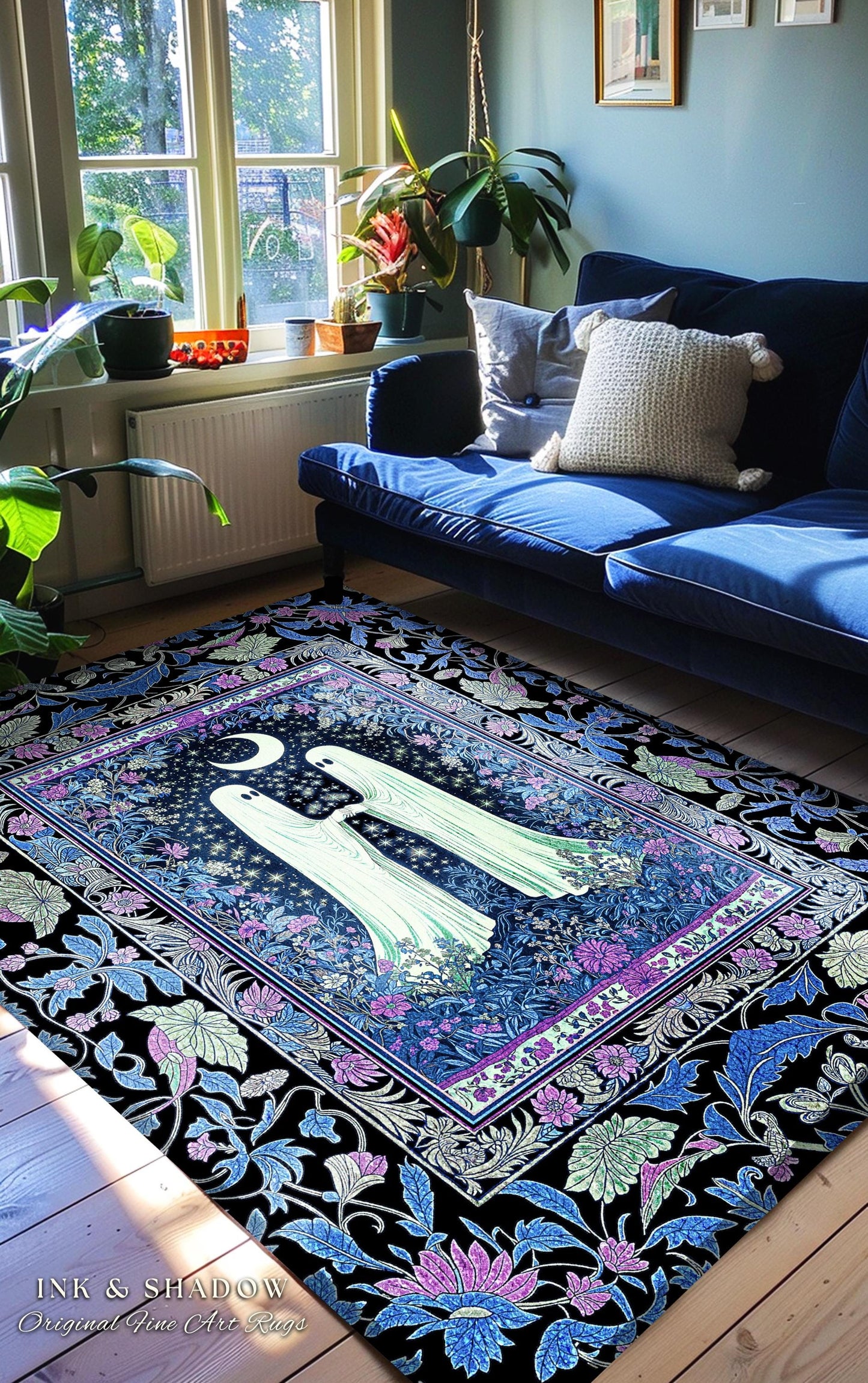 Indigo Lavender Ghost Accent Rug | Cottagecore Celestial Bedroom Decor Whimsigoth Spirits Cozy Retro Halloween Enchanted Night Gothic Style