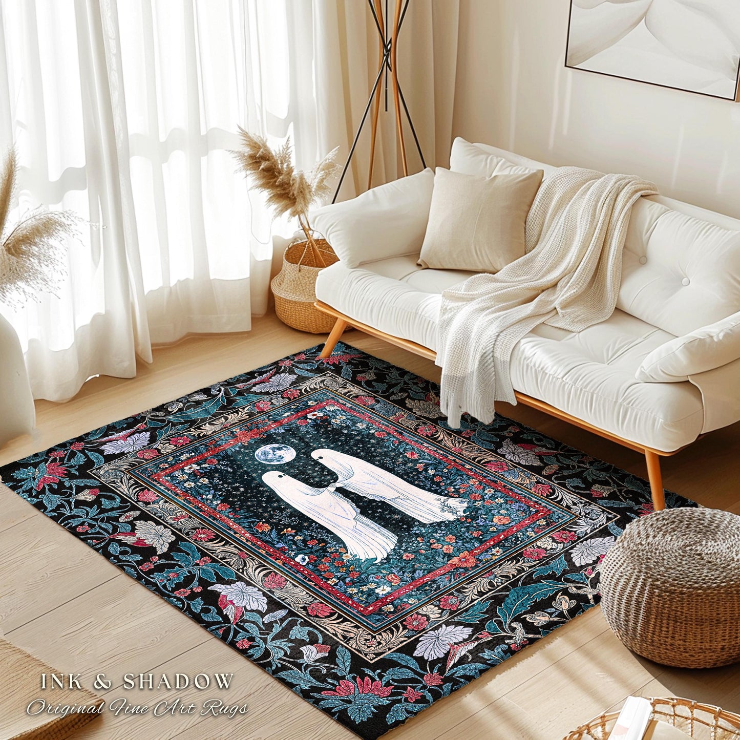 Crimson Gilded Ghost Lovers Rug | Dark Cottagecore Accent Celestial Bedroom Decor Witch-Inspired Whimsigoth Gothic Enchanted Cozy Aesthetic
