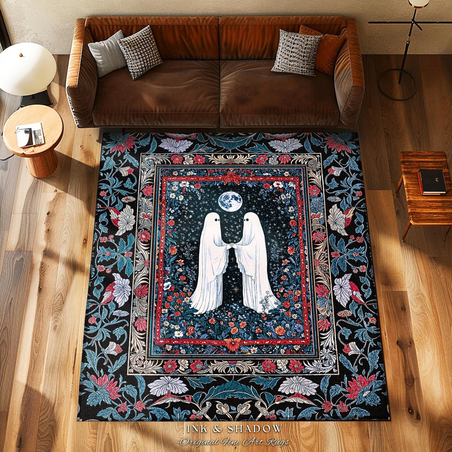 Crimson Gilded Ghost Lovers Rug | Dark Cottagecore Accent Celestial Bedroom Decor Witch-Inspired Whimsigoth Gothic Enchanted Cozy Aesthetic