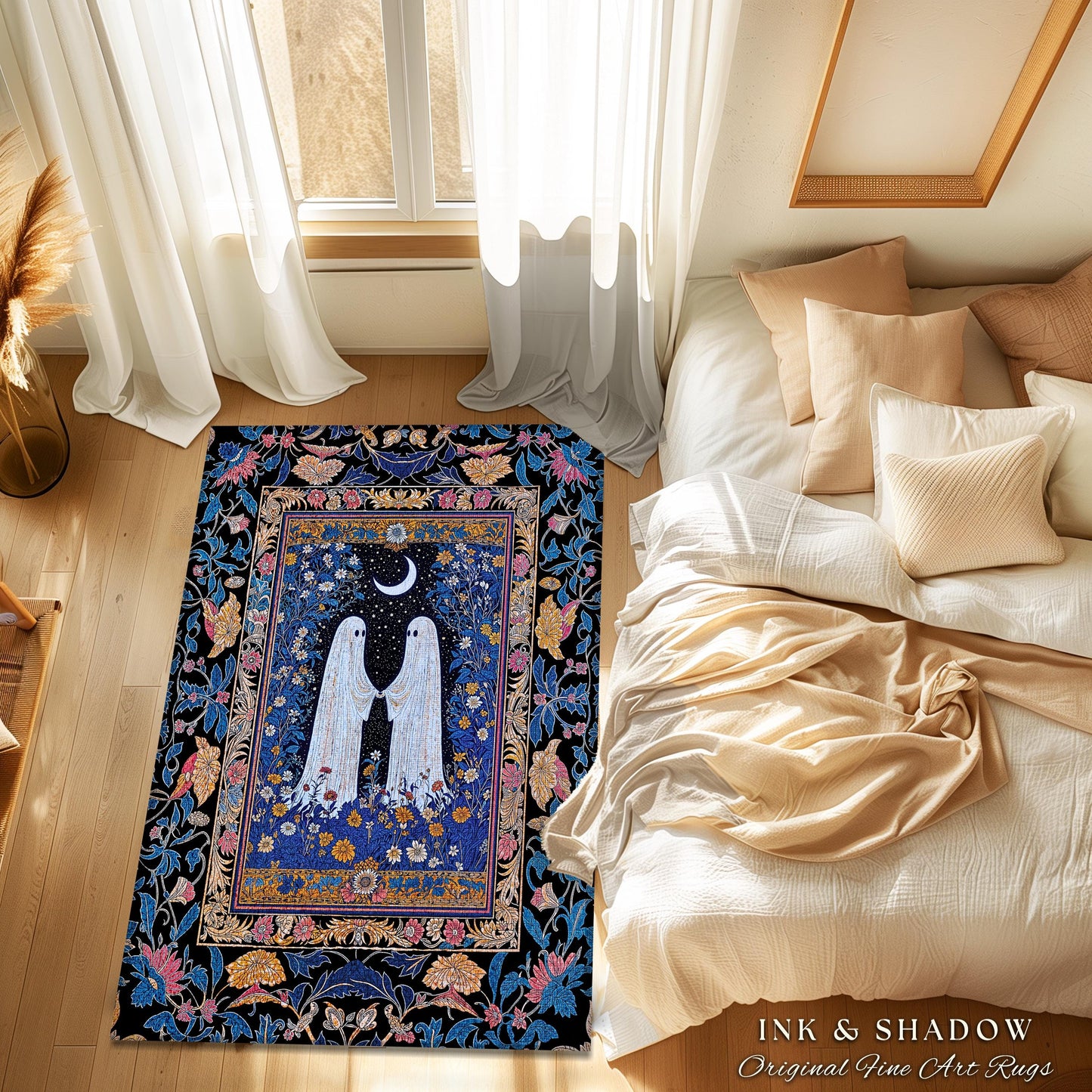 Midnight Garden Spirits Area Rug | Whimsical Halloween Bedroom Accent Celestial Decor Cottagecore Witchy Whimsigoth Aesthetic Dark Academia