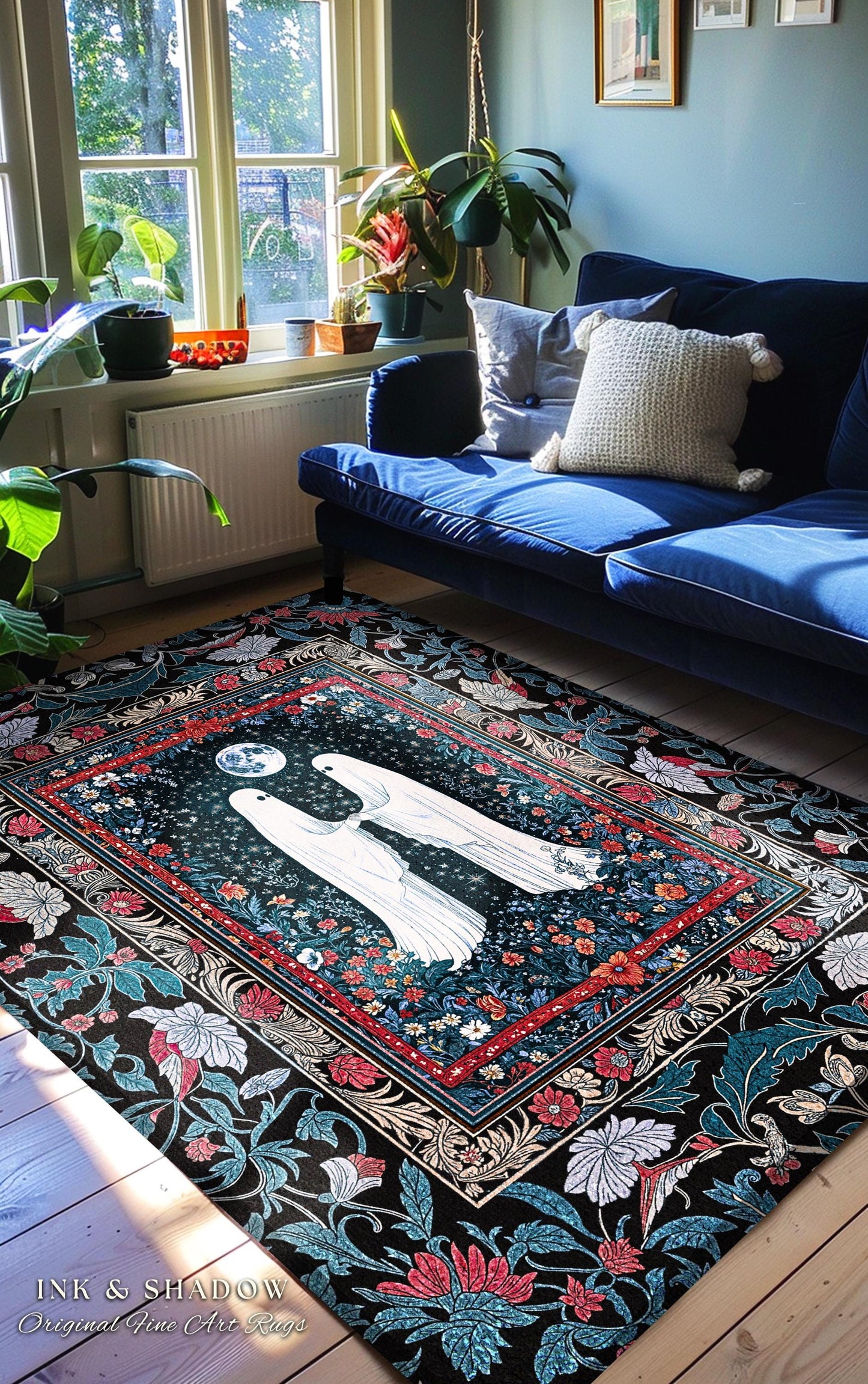 Crimson Gilded Ghost Lovers Rug | Dark Cottagecore Accent Celestial Bedroom Decor Witch-Inspired Whimsigoth Gothic Enchanted Cozy Aesthetic