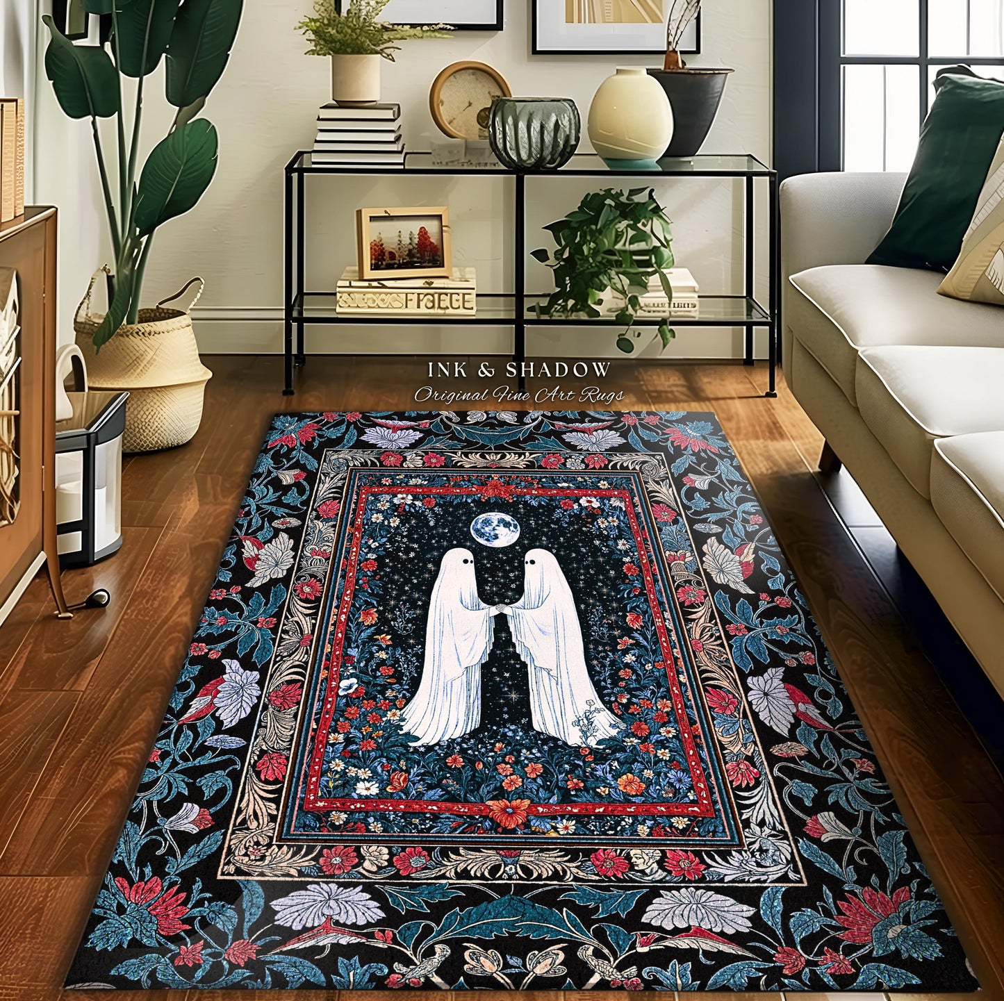 Crimson Gilded Ghost Lovers Rug | Dark Cottagecore Accent Celestial Bedroom Decor Witch-Inspired Whimsigoth Gothic Enchanted Cozy Aesthetic