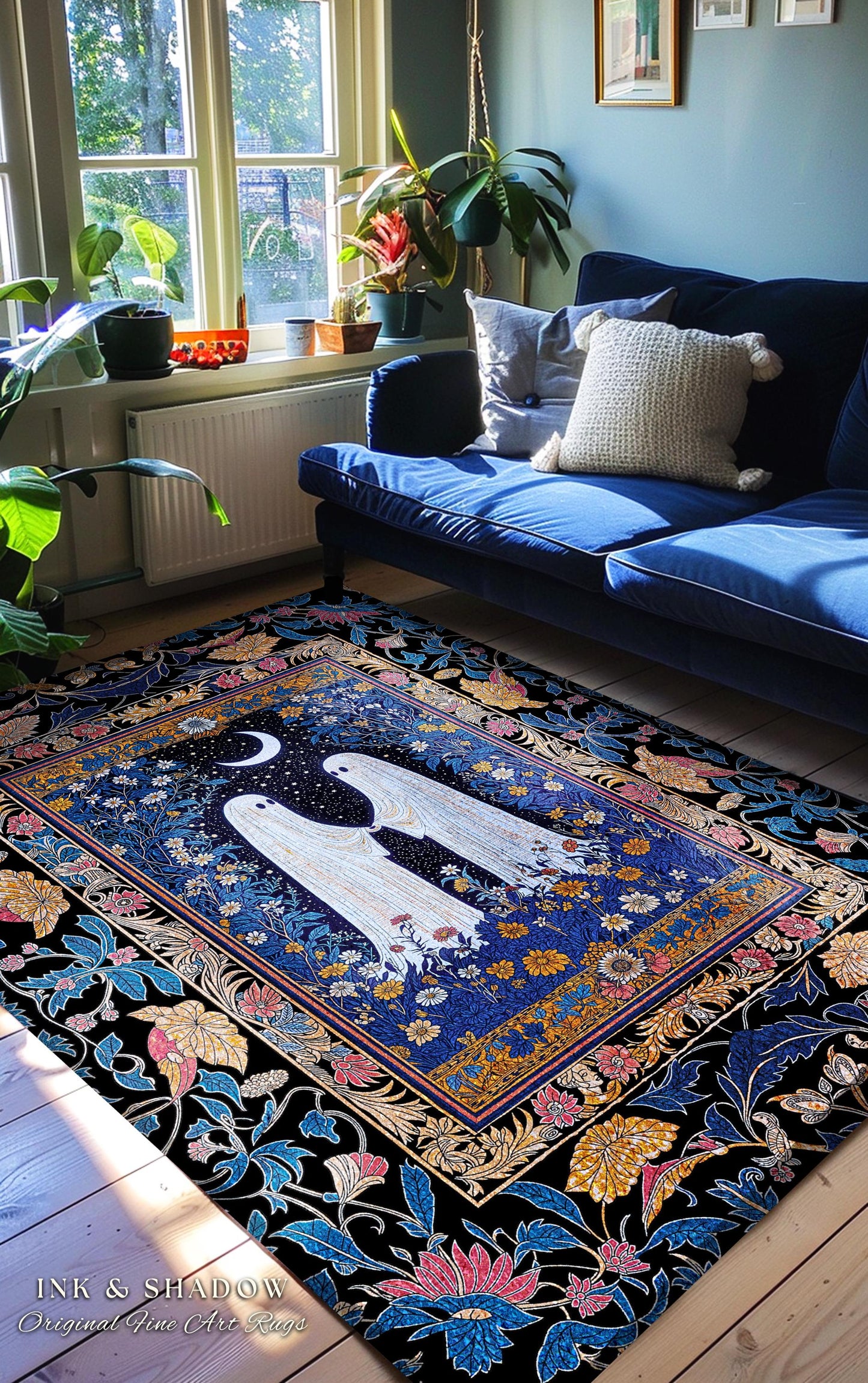 Midnight Garden Spirits Area Rug | Whimsical Halloween Bedroom Accent Celestial Decor Cottagecore Witchy Whimsigoth Aesthetic Dark Academia