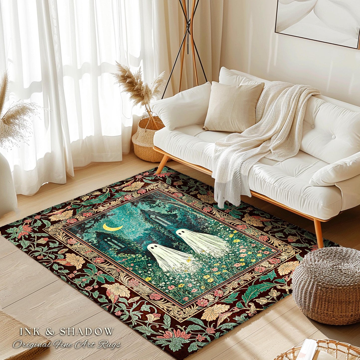 Twilight Floral Ghost Area Rug | Dark Academia Woodland Bedroom Accent Spooky Decor Witchy Fairytale Rug Enchanted Forest Cute Halloween |