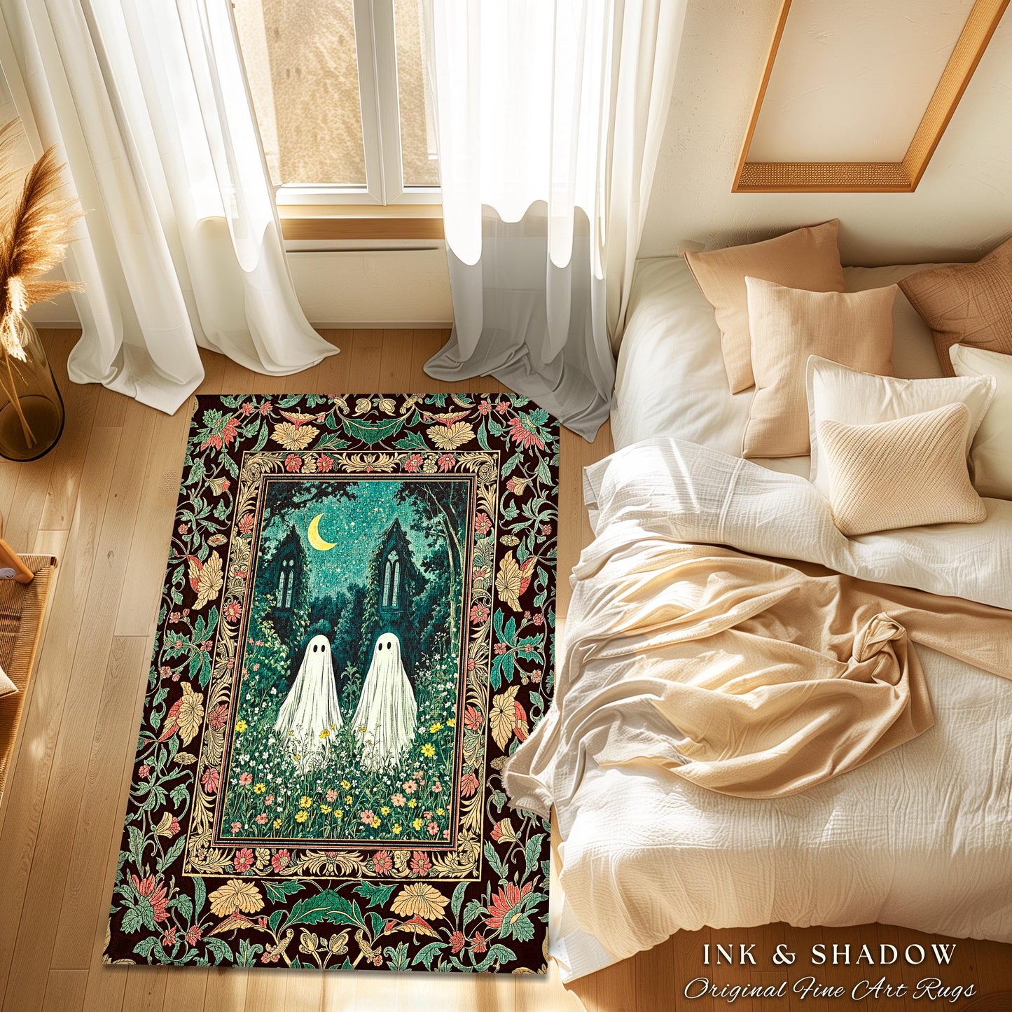 Twilight Floral Ghost Area Rug | Dark Academia Woodland Bedroom Accent Spooky Decor Witchy Fairytale Rug Enchanted Forest Cute Halloween |