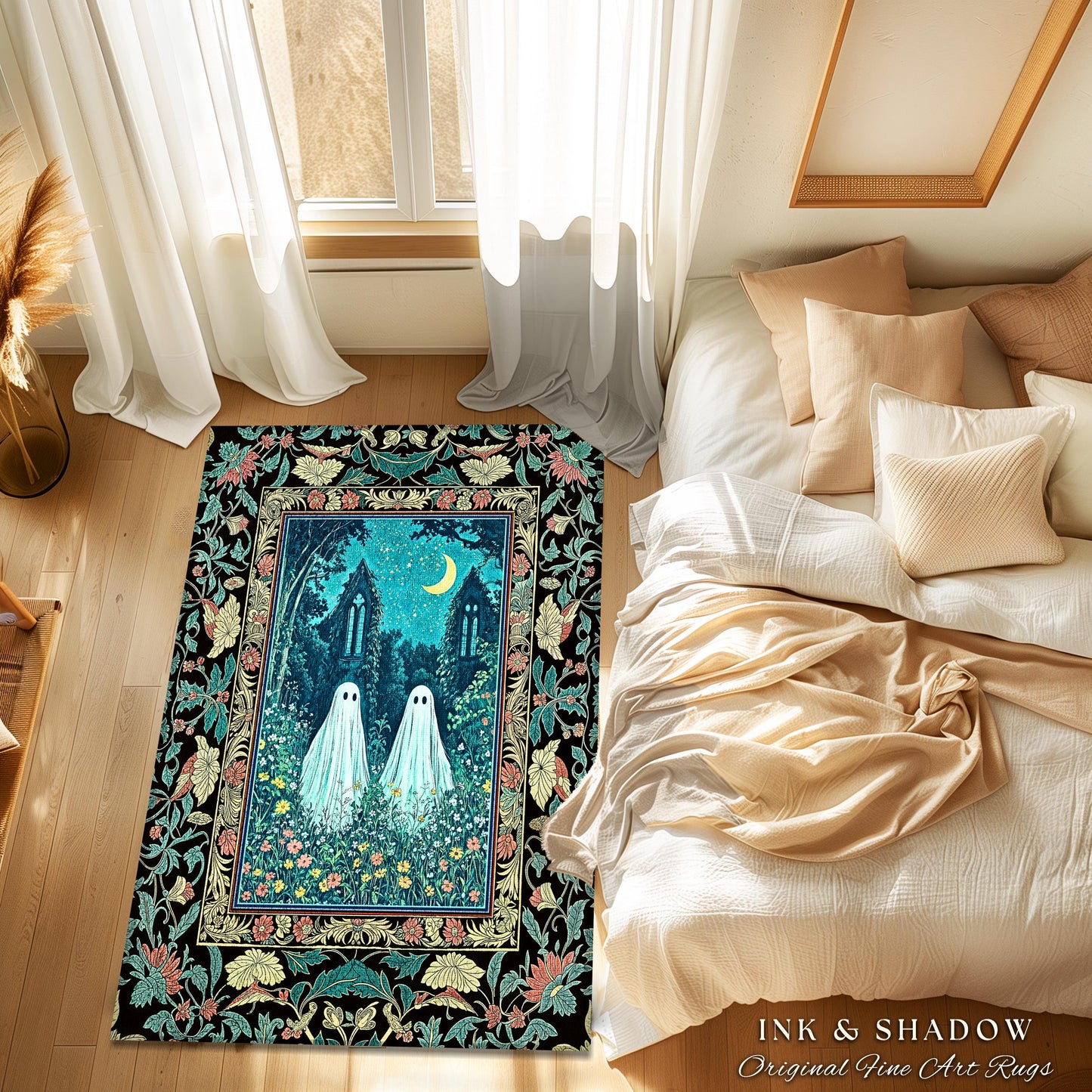 Witchy Baroque Ghost Garden Rug | Cozy Halloween Accent Enchanted Ghost Decor Whimsical Academia Bedroom Celestial Cottagecore Floral Style