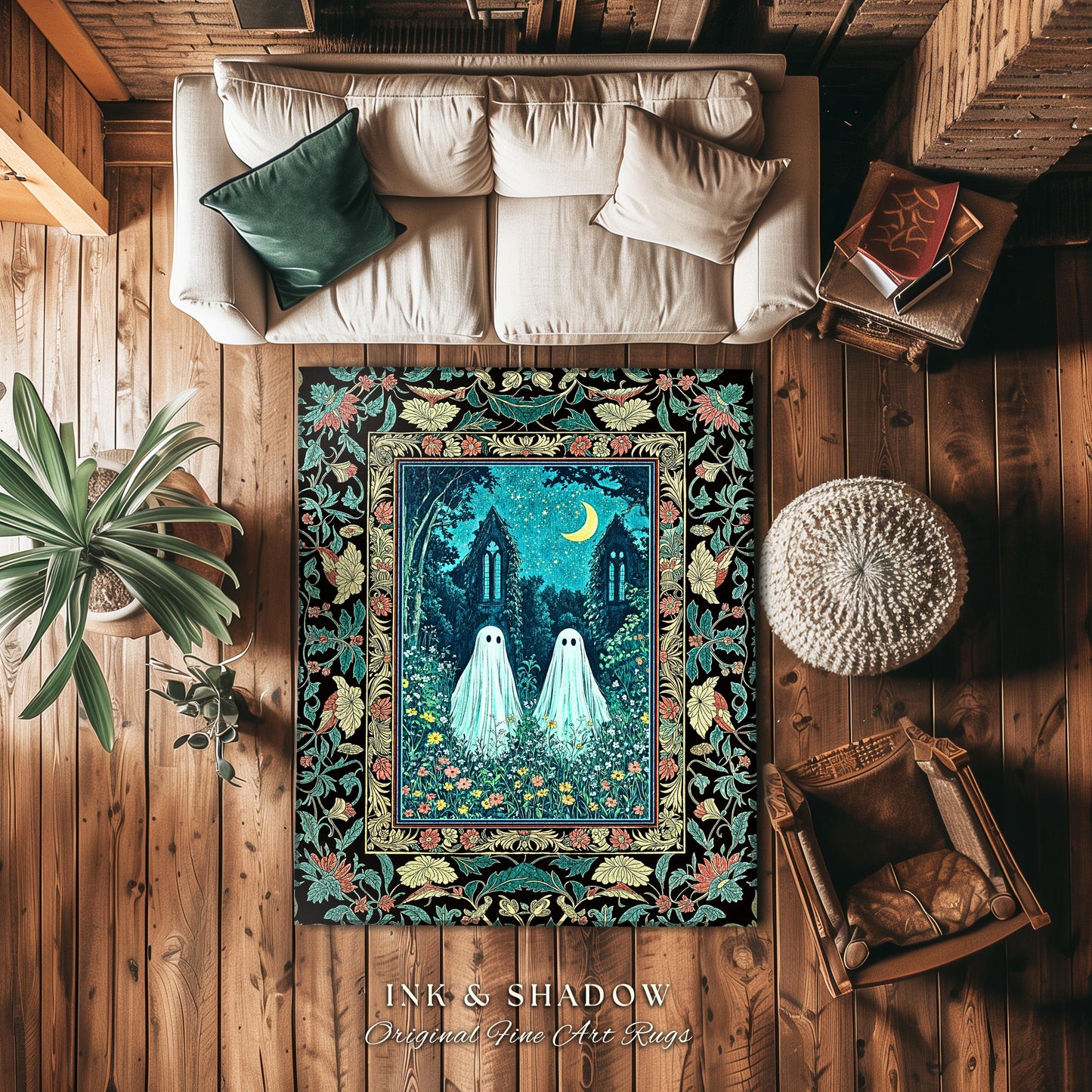 Witchy Baroque Ghost Garden Rug | Cozy Halloween Accent Enchanted Ghost Decor Whimsical Academia Bedroom Celestial Cottagecore Floral Style