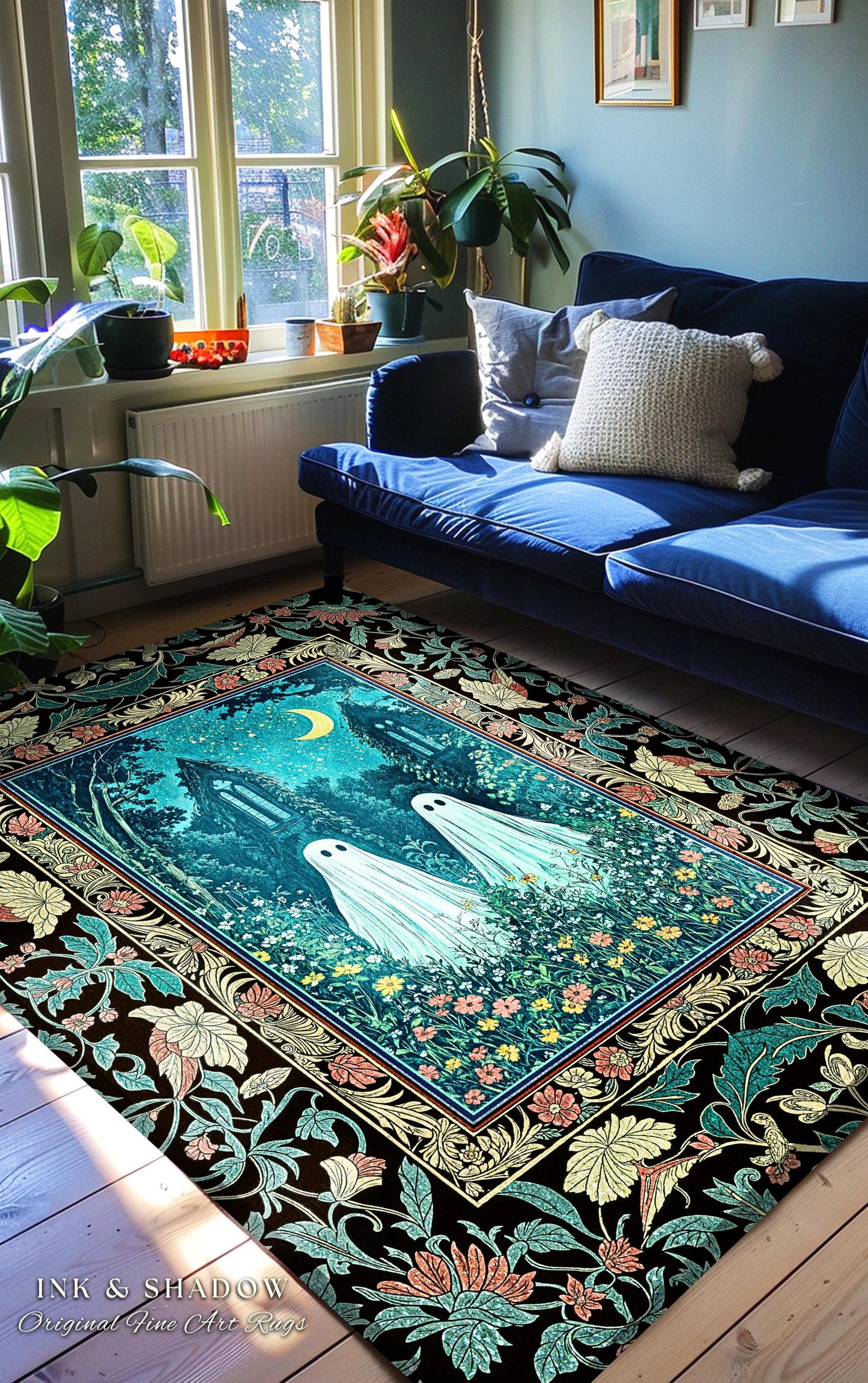 Witchy Baroque Ghost Garden Rug | Cozy Halloween Accent Enchanted Ghost Decor Whimsical Academia Bedroom Celestial Cottagecore Floral Style