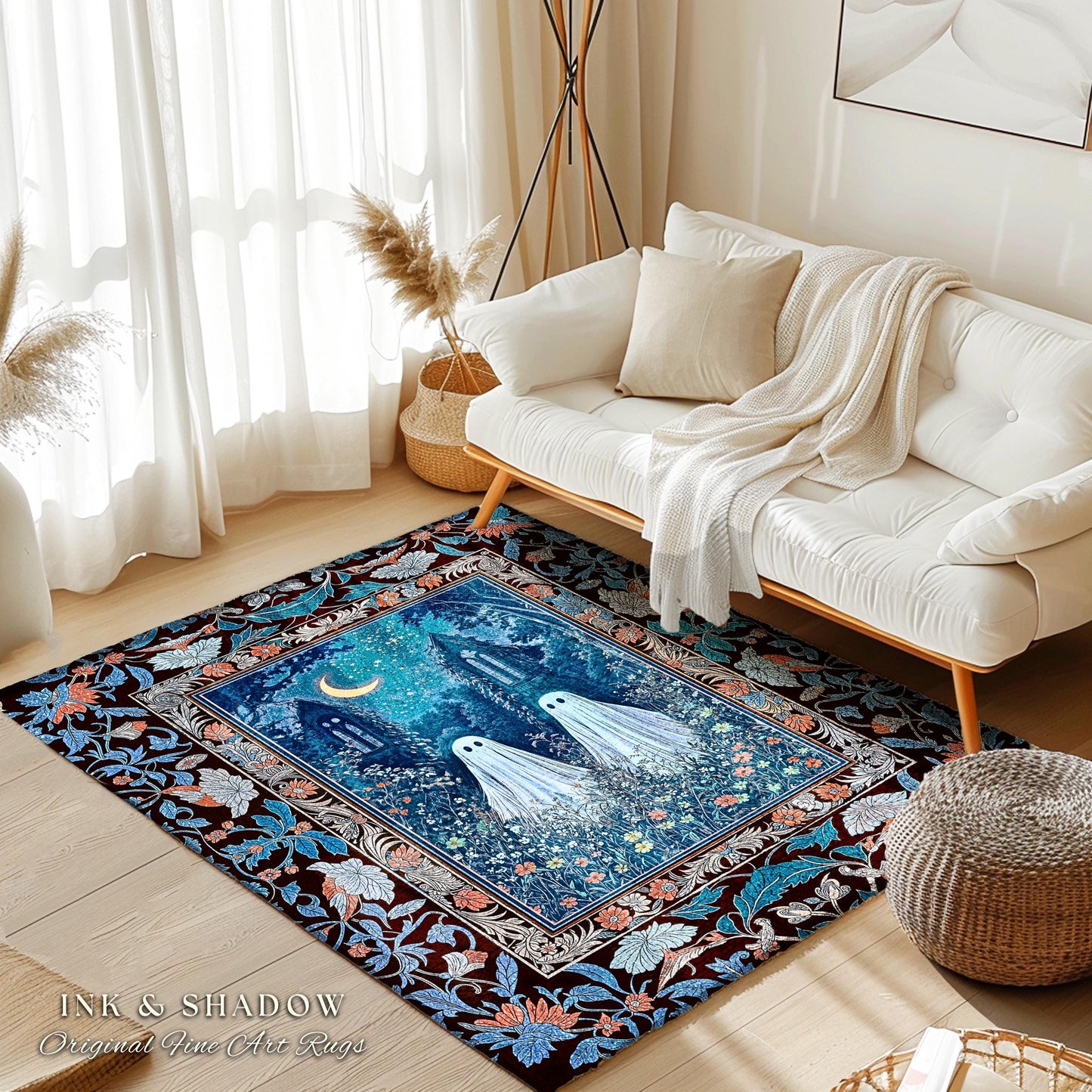 Phantom Friends Celestial Ghost Rug | Whimsical Dark Cottagecore Bedroom Accent Spooky Cute Halloween Decor Enchanted Gothic Dark Academia
