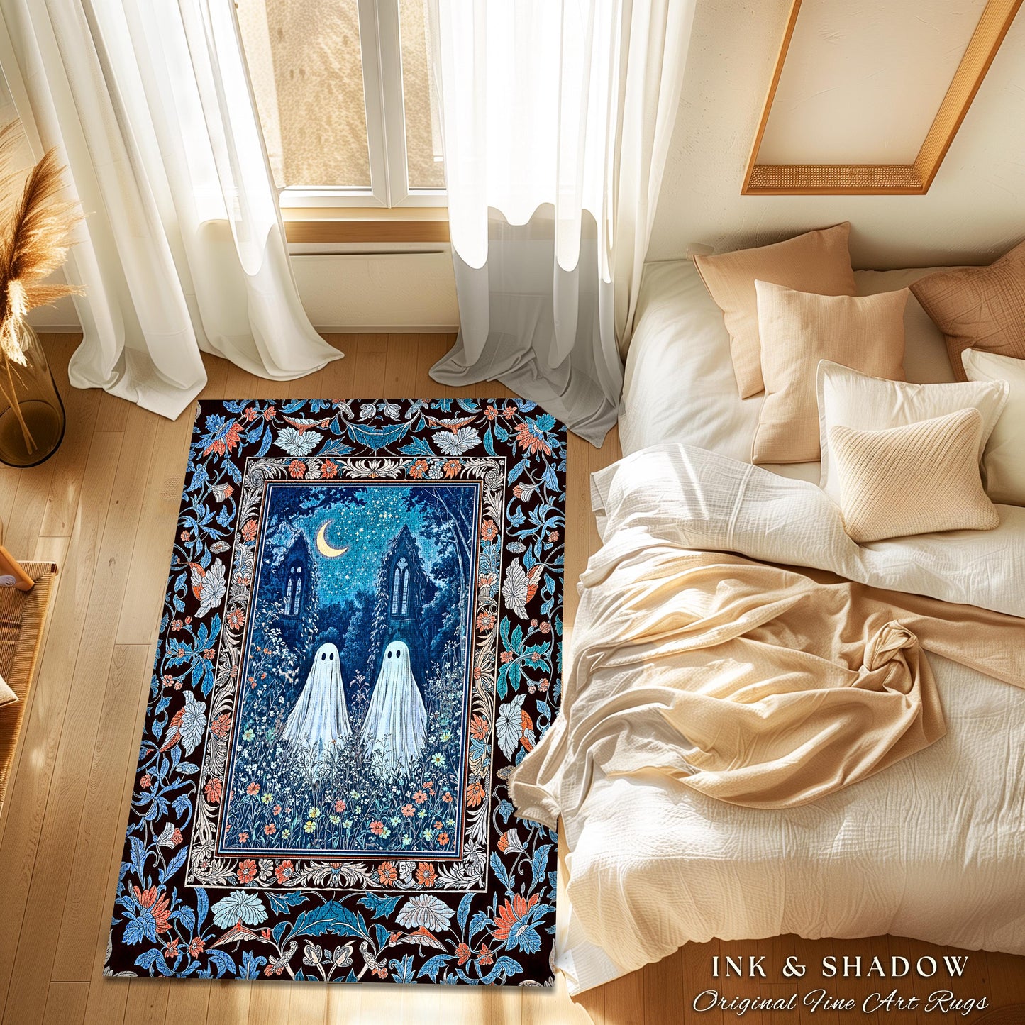 Phantom Friends Celestial Ghost Rug | Whimsical Dark Cottagecore Bedroom Accent Spooky Cute Halloween Decor Enchanted Gothic Dark Academia