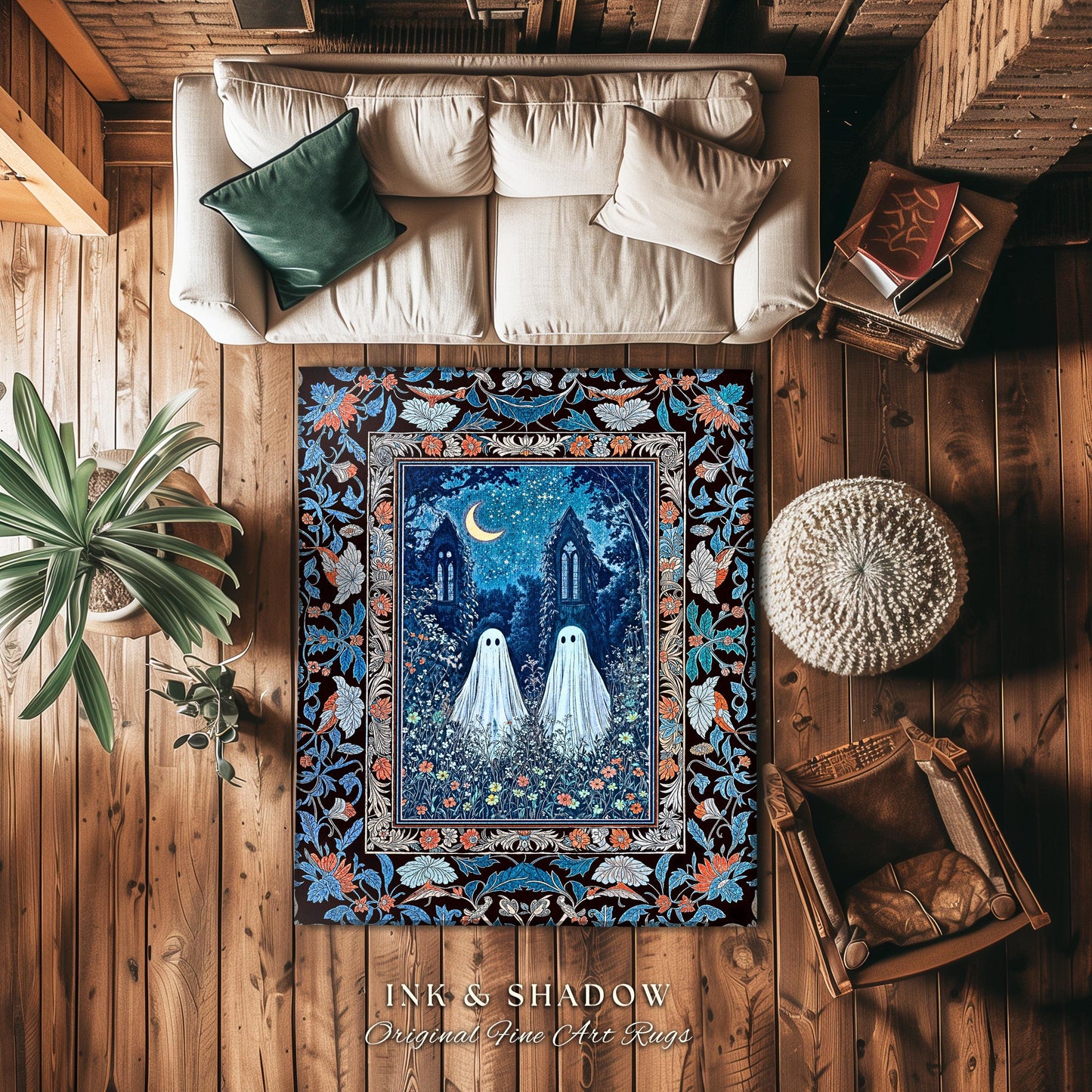 Phantom Friends Celestial Ghost Rug | Whimsical Dark Cottagecore Bedroom Accent Spooky Cute Halloween Decor Enchanted Gothic Dark Academia