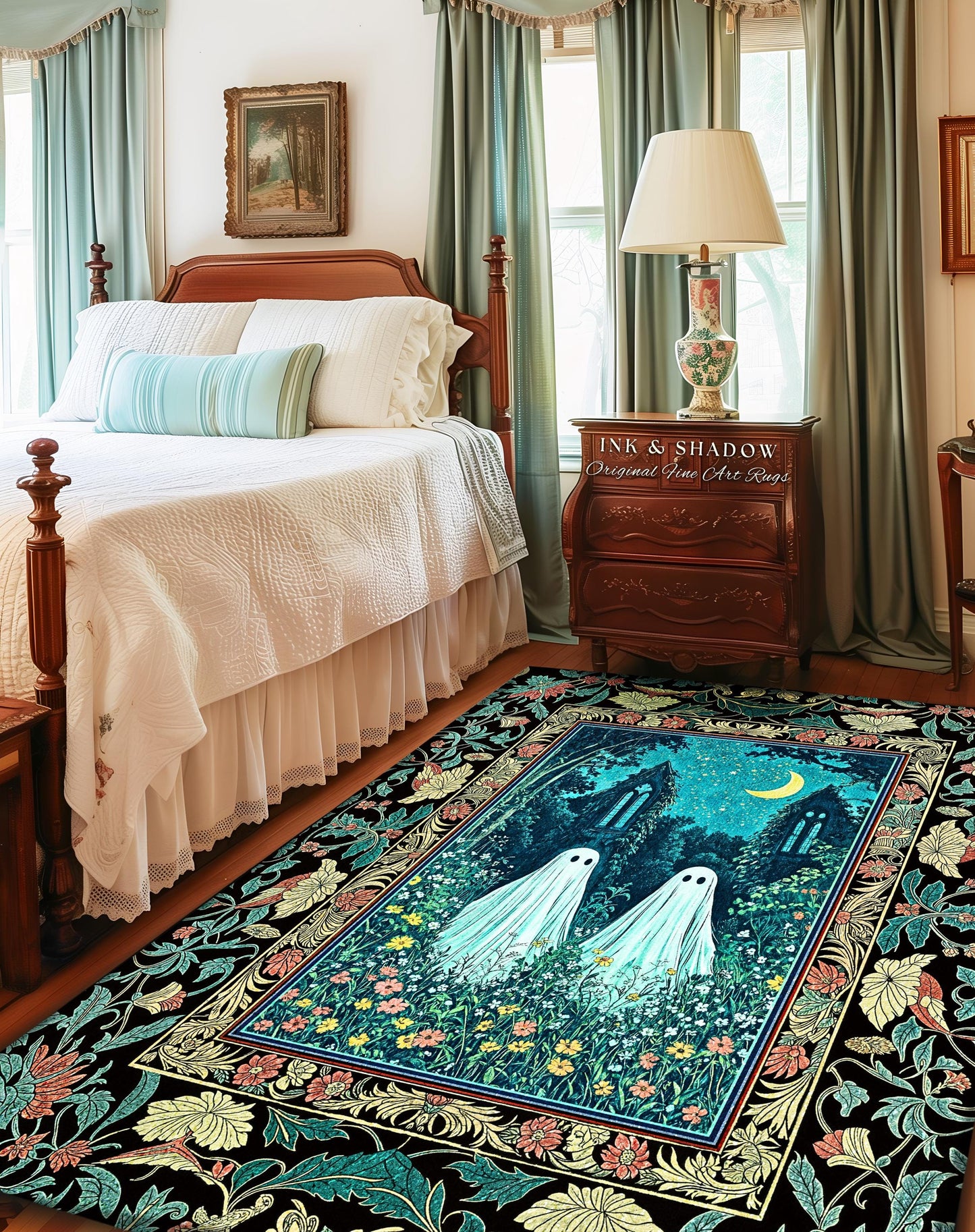 Witchy Baroque Ghost Garden Rug | Cozy Halloween Accent Enchanted Ghost Decor Whimsical Academia Bedroom Celestial Cottagecore Floral Style