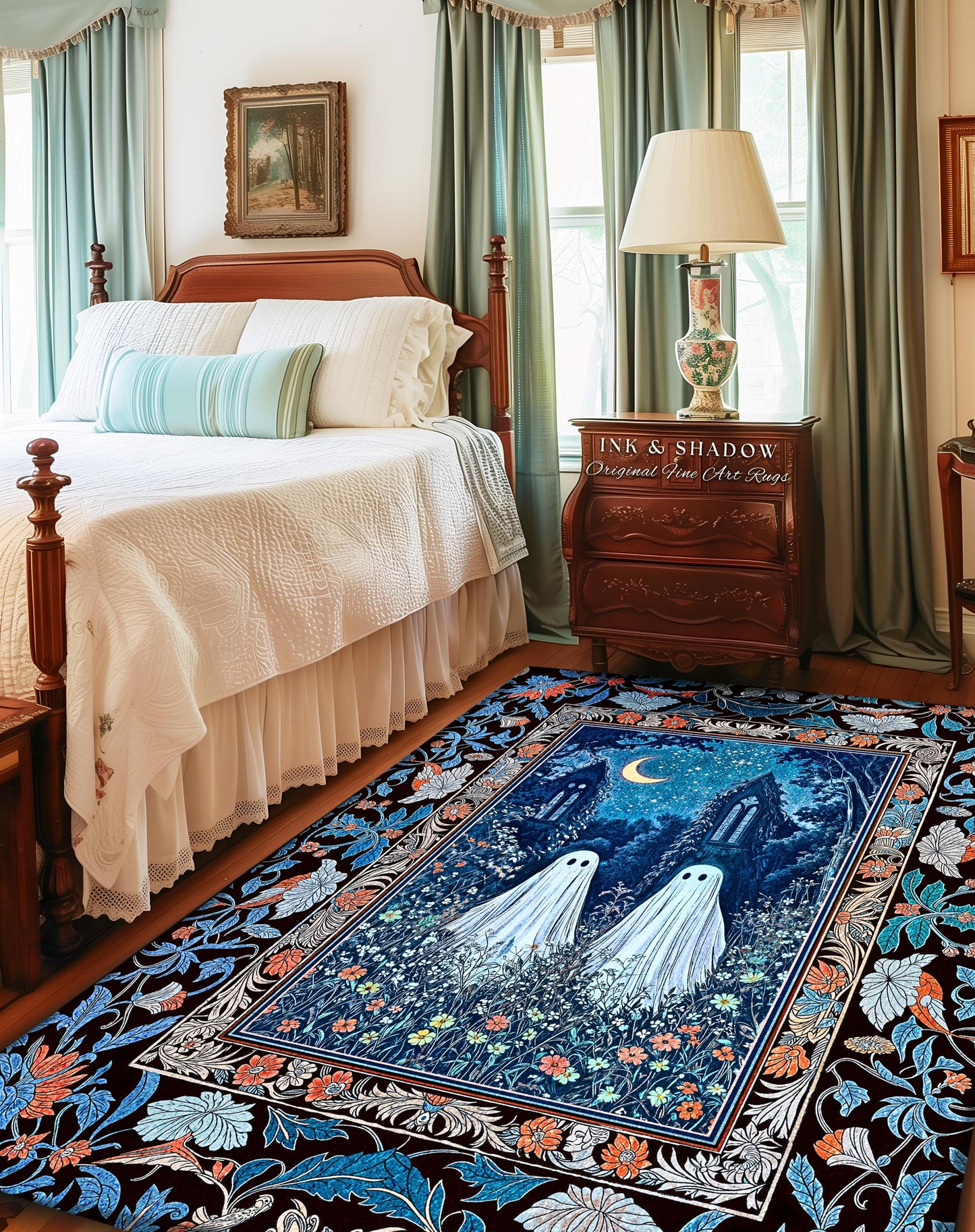Phantom Friends Celestial Ghost Rug | Whimsical Dark Cottagecore Bedroom Accent Spooky Cute Halloween Decor Enchanted Gothic Dark Academia