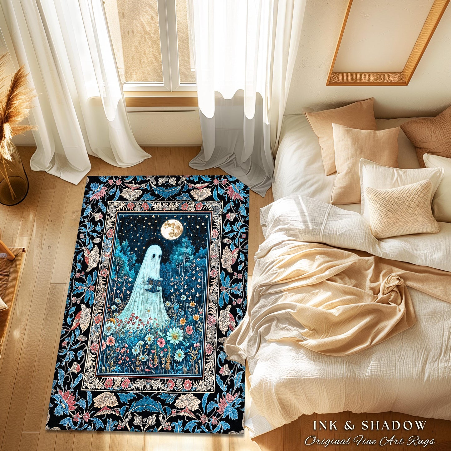 Dark Floral Full Moon Ghost Area Rug | Whimsigoth Book Nook Rug Mystical Halloween Accent Cottagecore Bedroom Reader Home Decor Autumn Style
