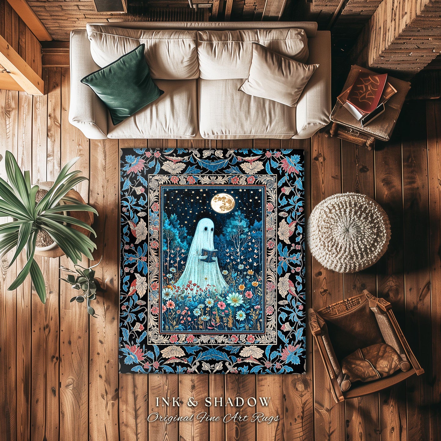Dark Floral Full Moon Ghost Area Rug | Whimsigoth Book Nook Rug Mystical Halloween Accent Cottagecore Bedroom Reader Home Decor Autumn Style