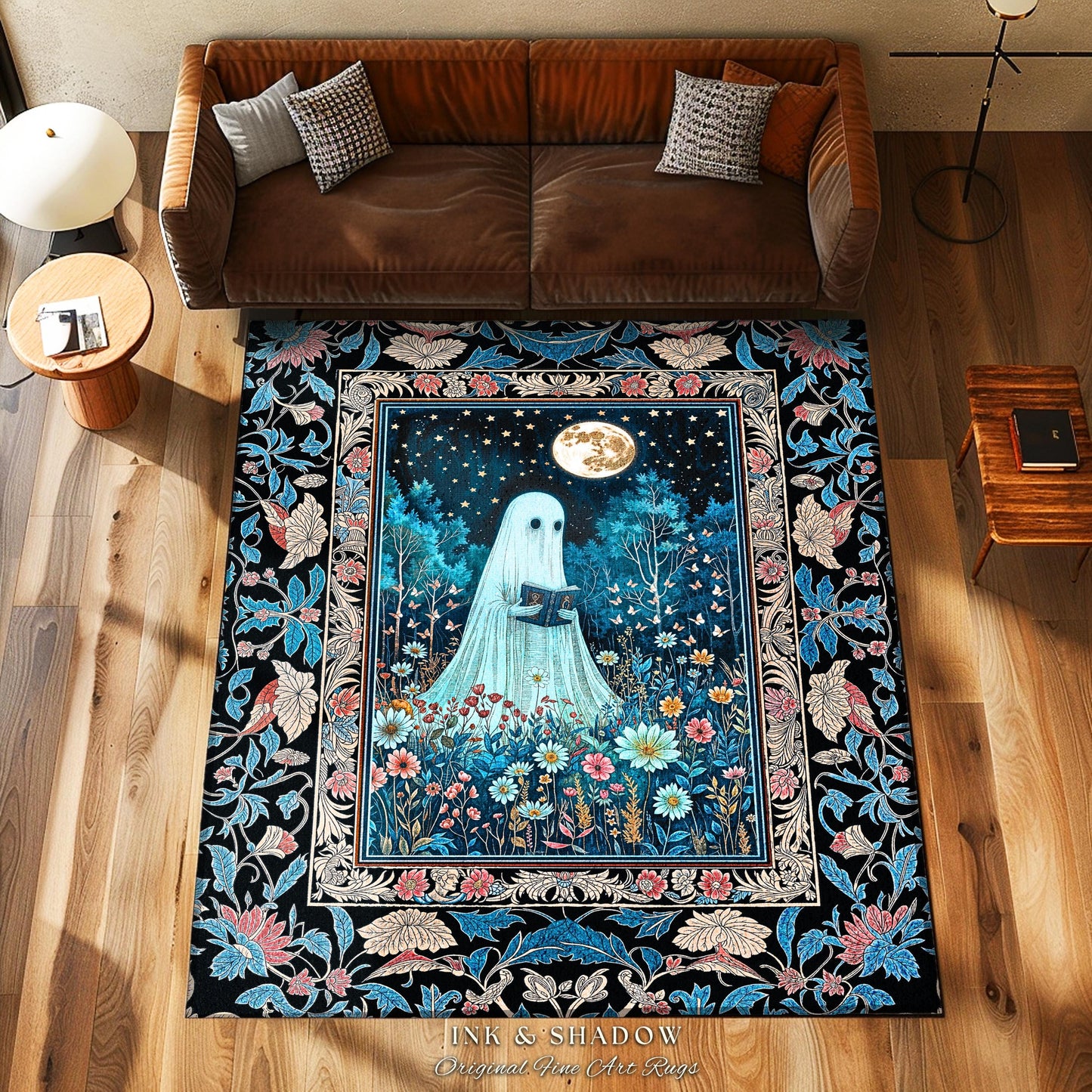 Dark Floral Full Moon Ghost Area Rug | Whimsigoth Book Nook Rug Mystical Halloween Accent Cottagecore Bedroom Reader Home Decor Autumn Style