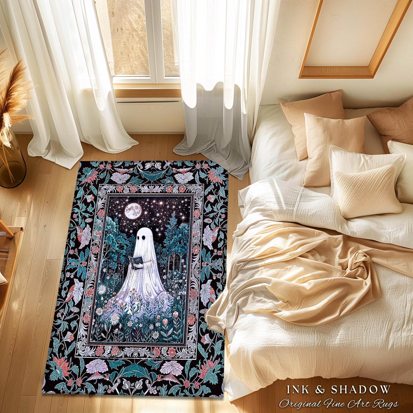 Bookish Aesthetic Celestial Ghost Rug | Mystical Cottagecore Bedroom Accent Halloween Reading Rug Whimsigoth Home Decor Witchy Gothic Style