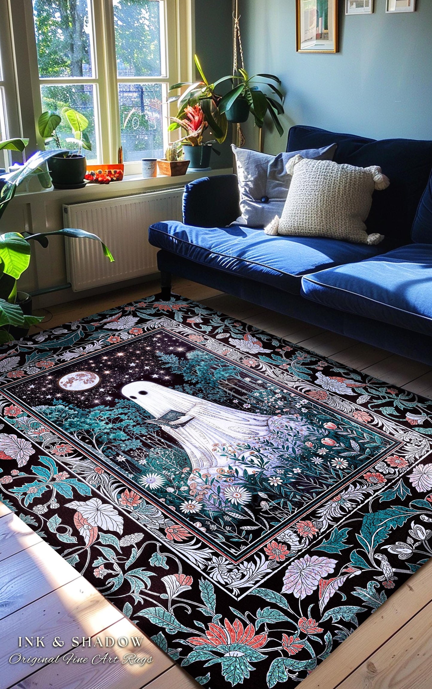 Bookish Aesthetic Celestial Ghost Rug | Mystical Cottagecore Bedroom Accent Halloween Reading Rug Whimsigoth Home Decor Witchy Gothic Style