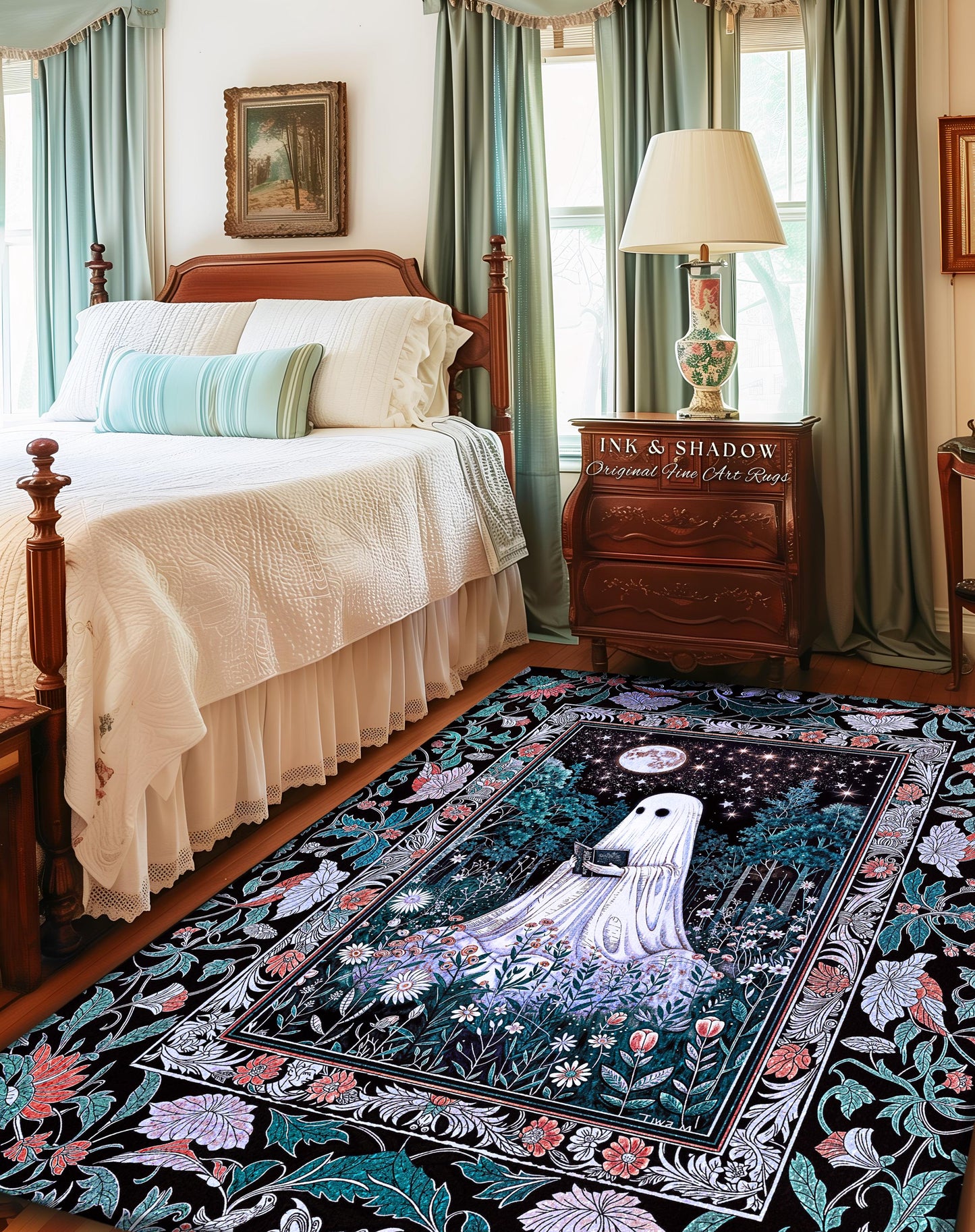 Bookish Aesthetic Celestial Ghost Rug | Mystical Cottagecore Bedroom Accent Halloween Reading Rug Whimsigoth Home Decor Witchy Gothic Style
